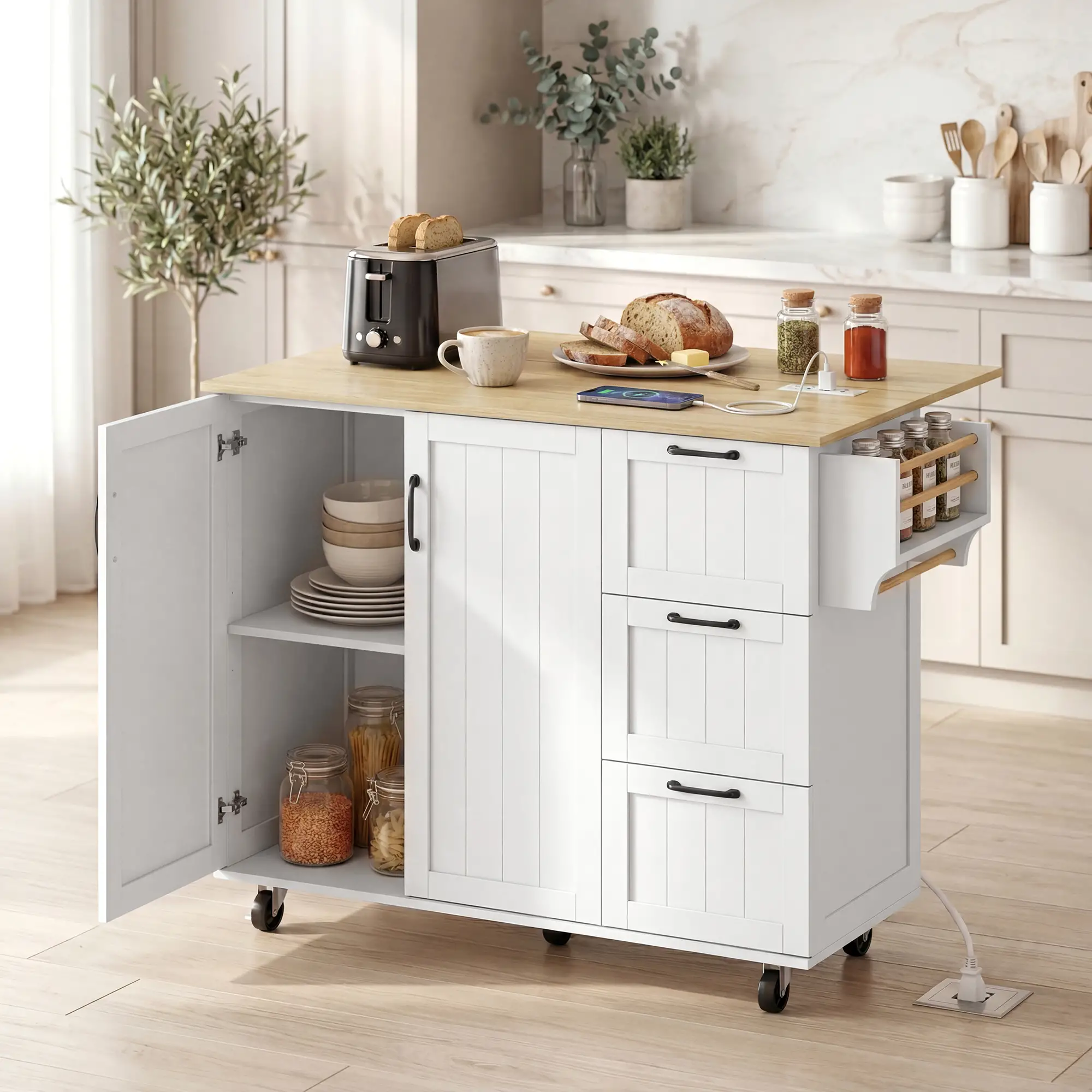 Kitchen Island With Drop Leaf, White - Image 8