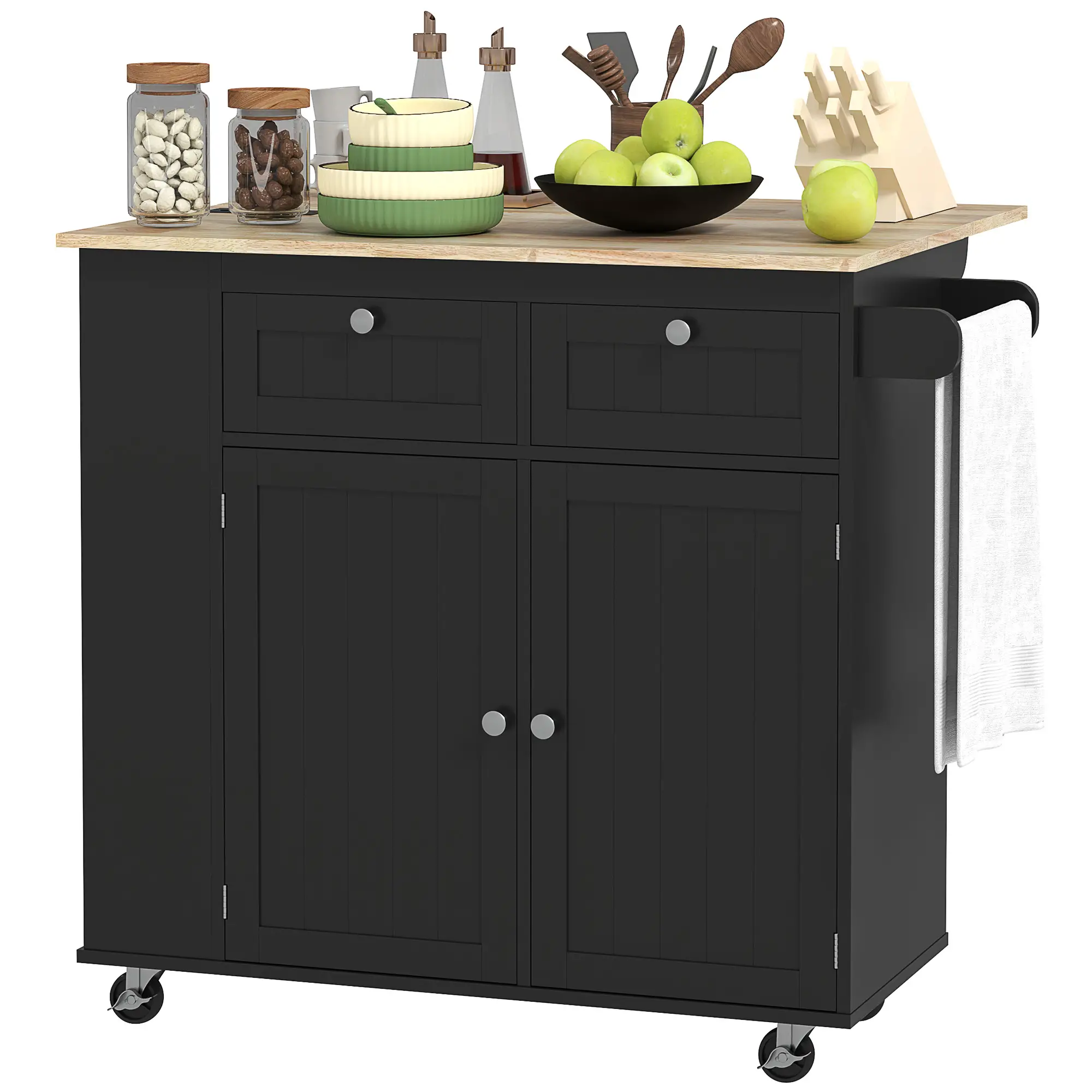 Kitchen Island with Power Outlet, Drop Leaf, 2 Drawers, Black
