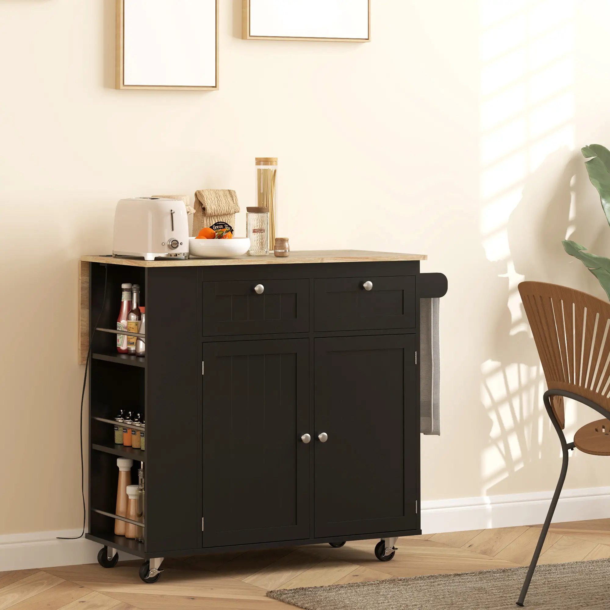 Kitchen Island with Power Outlet, Drop Leaf, 2 Drawers, Black - Image 10