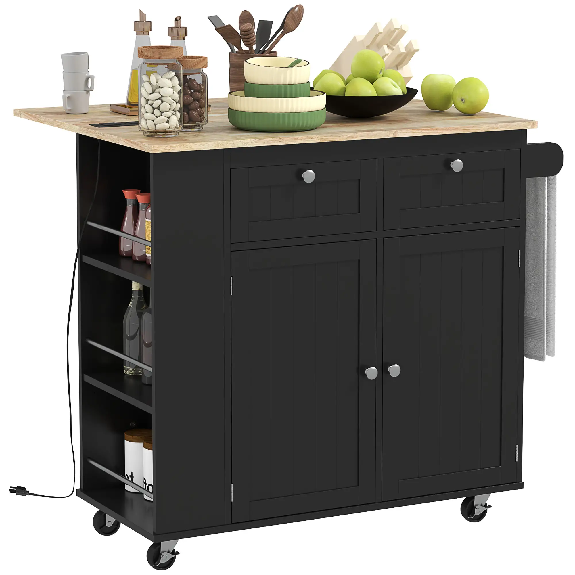 Kitchen Island with Power Outlet, Drop Leaf, 2 Drawers, Black - Image 11