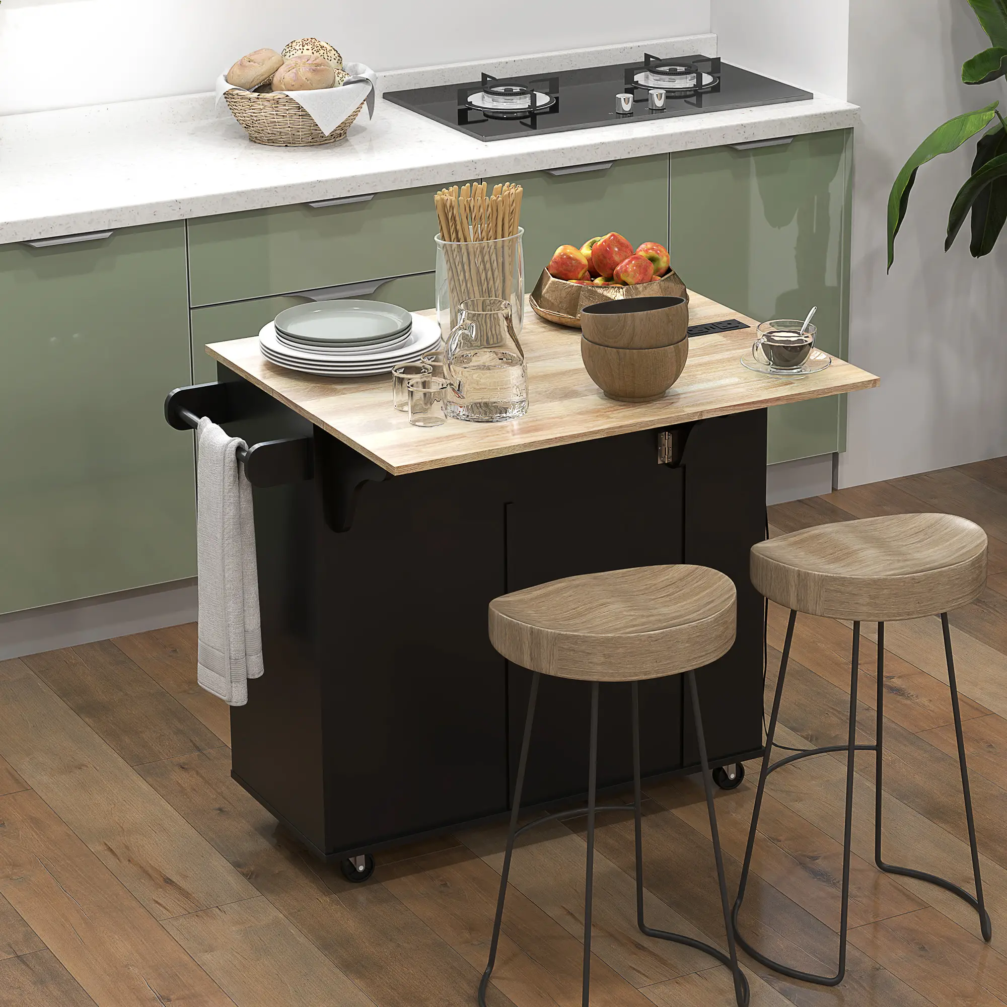 Kitchen Island with Power Outlet, Drop Leaf, 2 Drawers, Black - Image 2