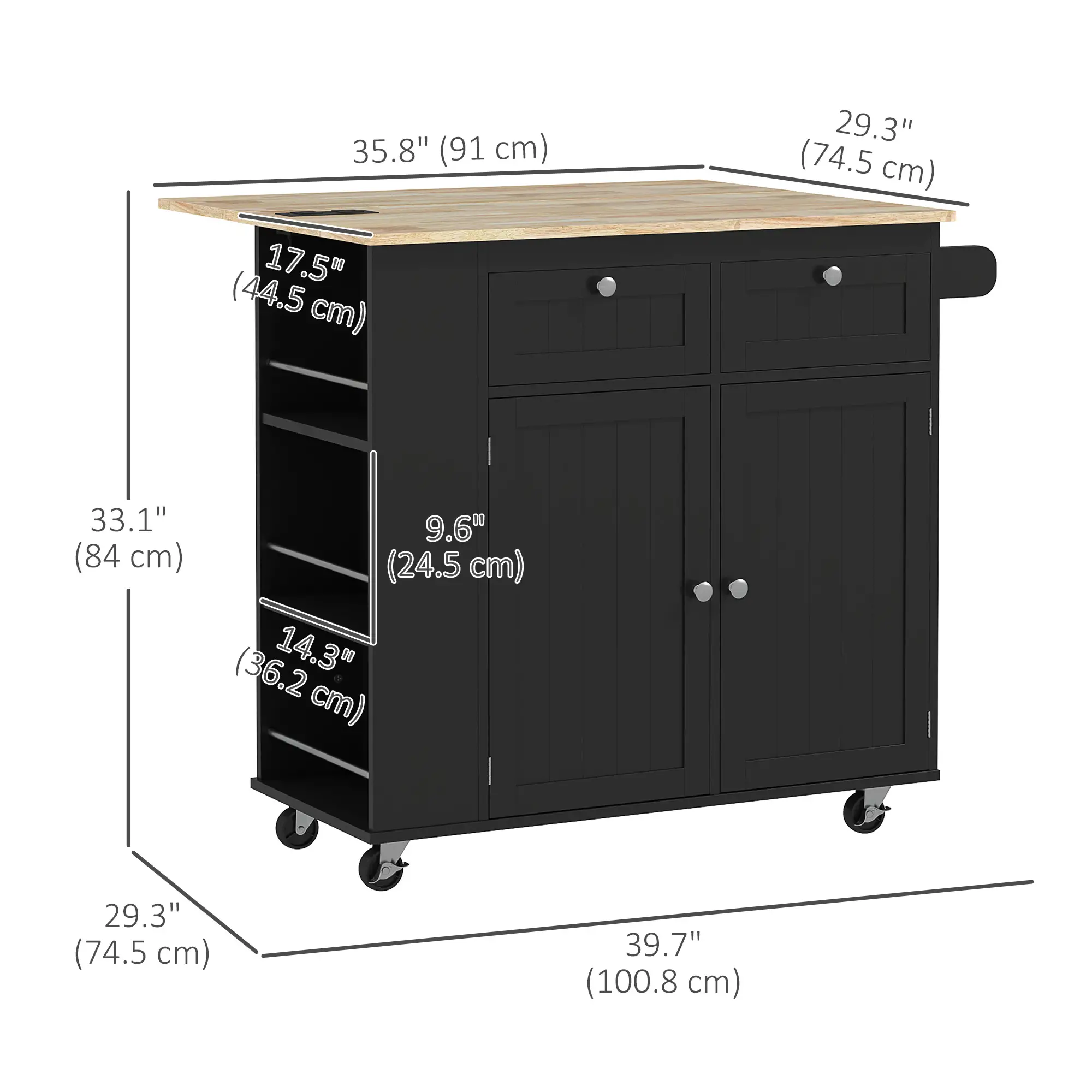Kitchen Island with Power Outlet, Drop Leaf, 2 Drawers, Black - Image 3