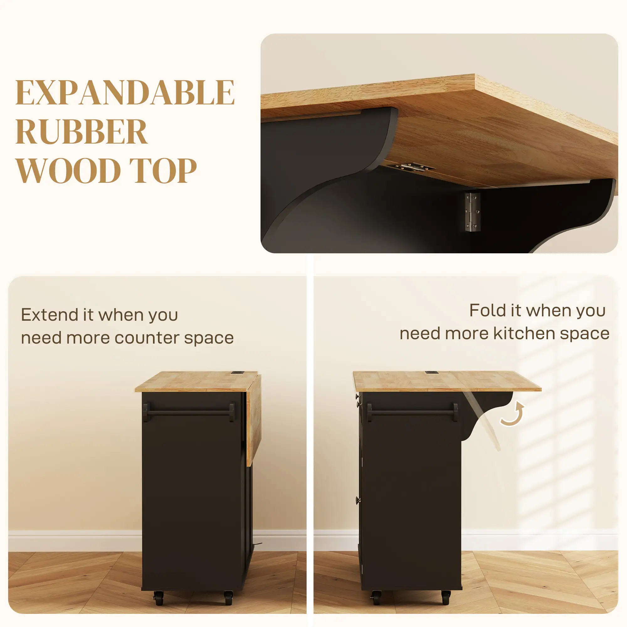 Kitchen Island with Power Outlet, Drop Leaf, 2 Drawers, Black - Image 5