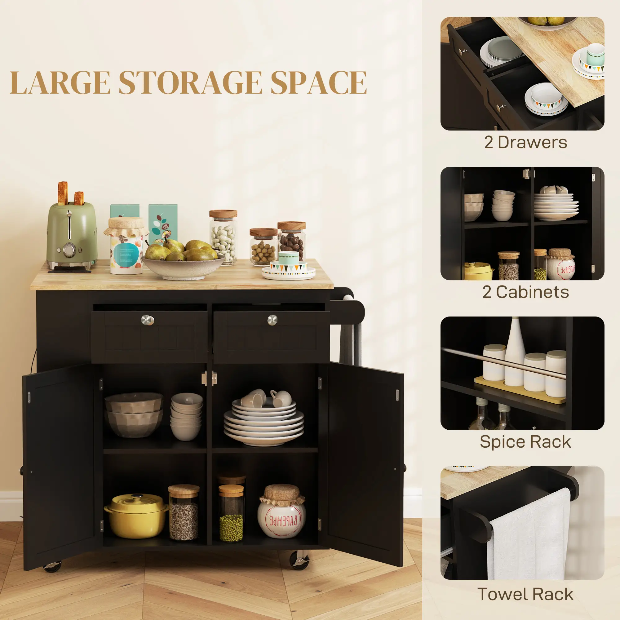 Kitchen Island with Power Outlet, Drop Leaf, 2 Drawers, Black - Image 6