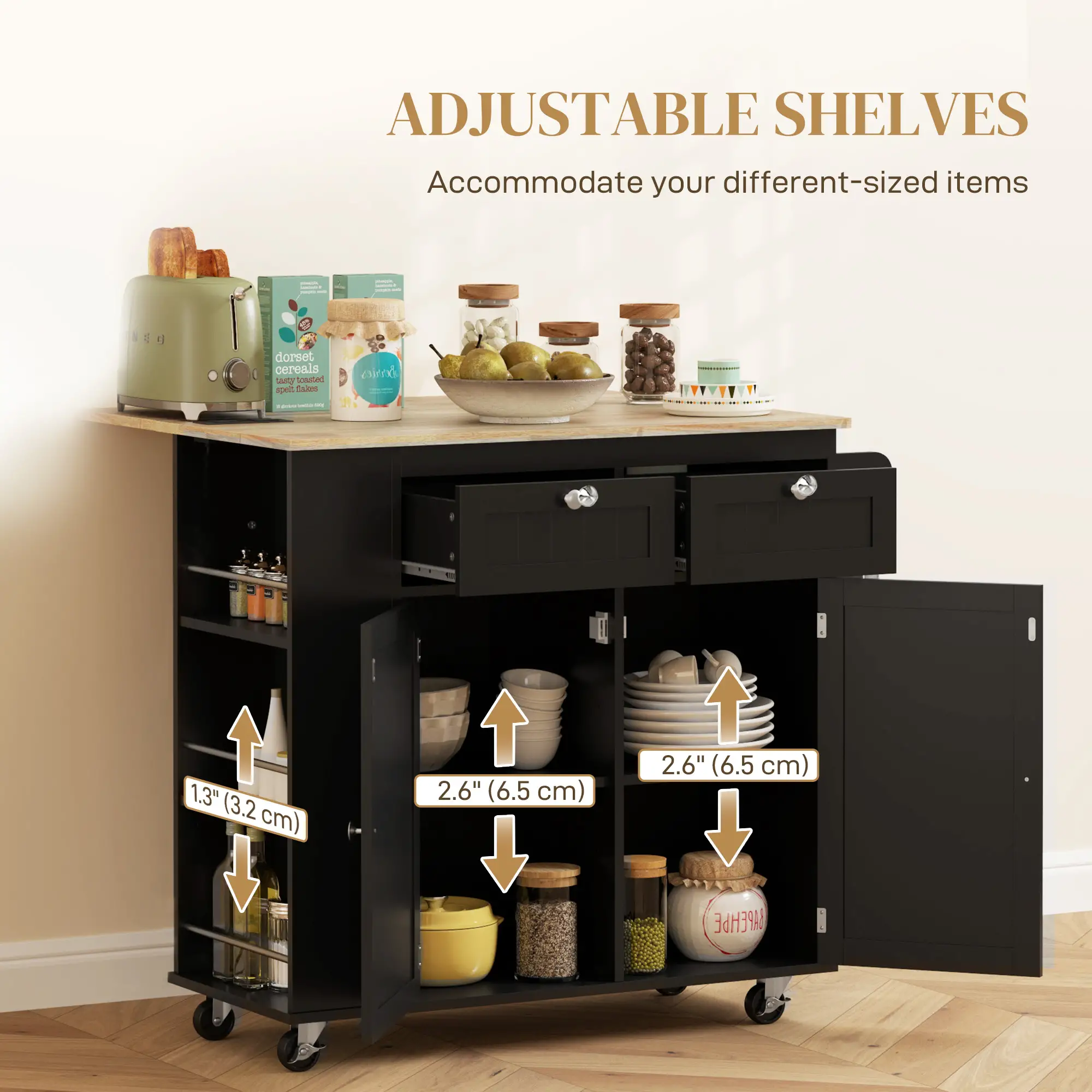 Kitchen Island with Power Outlet, Drop Leaf, 2 Drawers, Black - Image 7