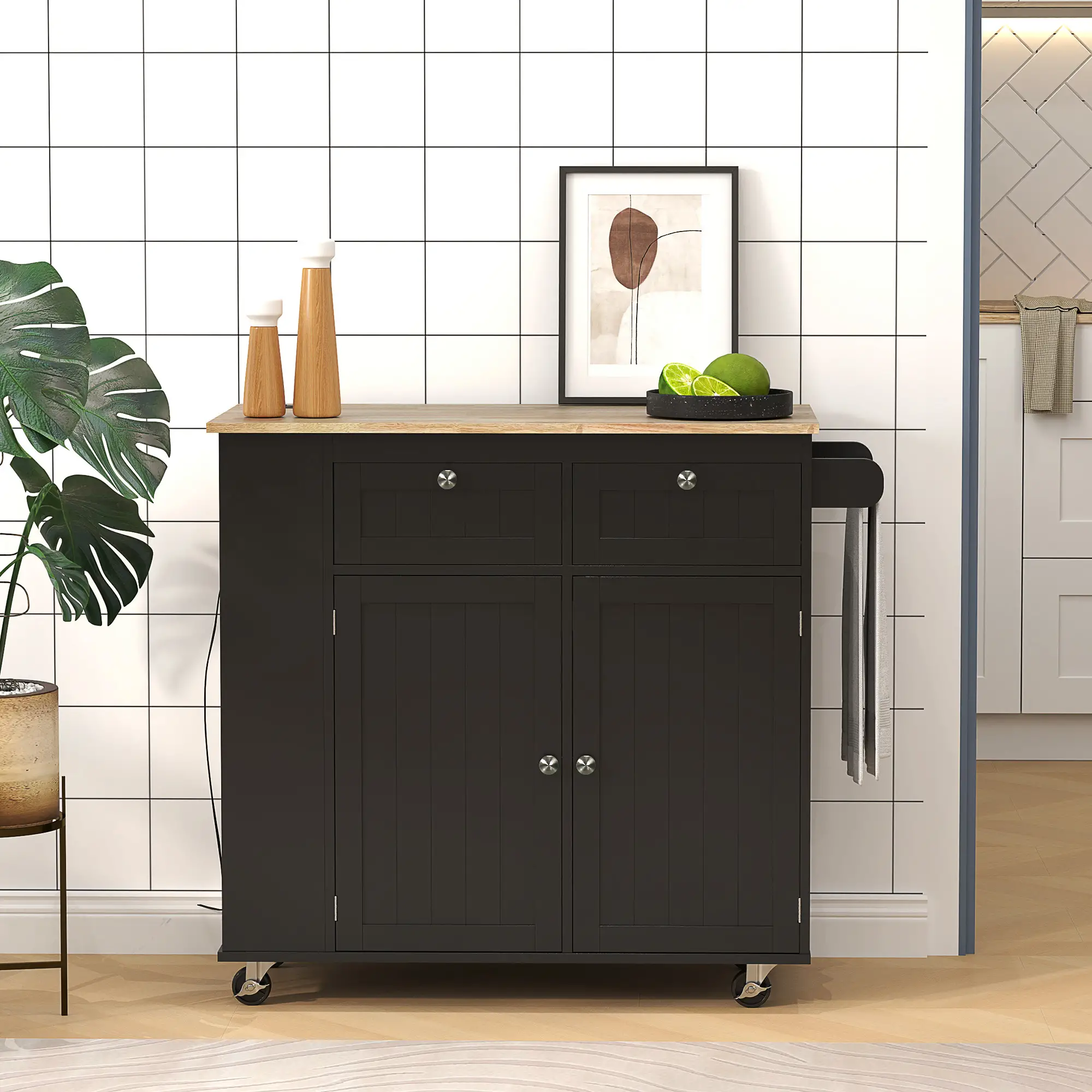 Kitchen Island with Power Outlet, Drop Leaf, 2 Drawers, Black - Image 8