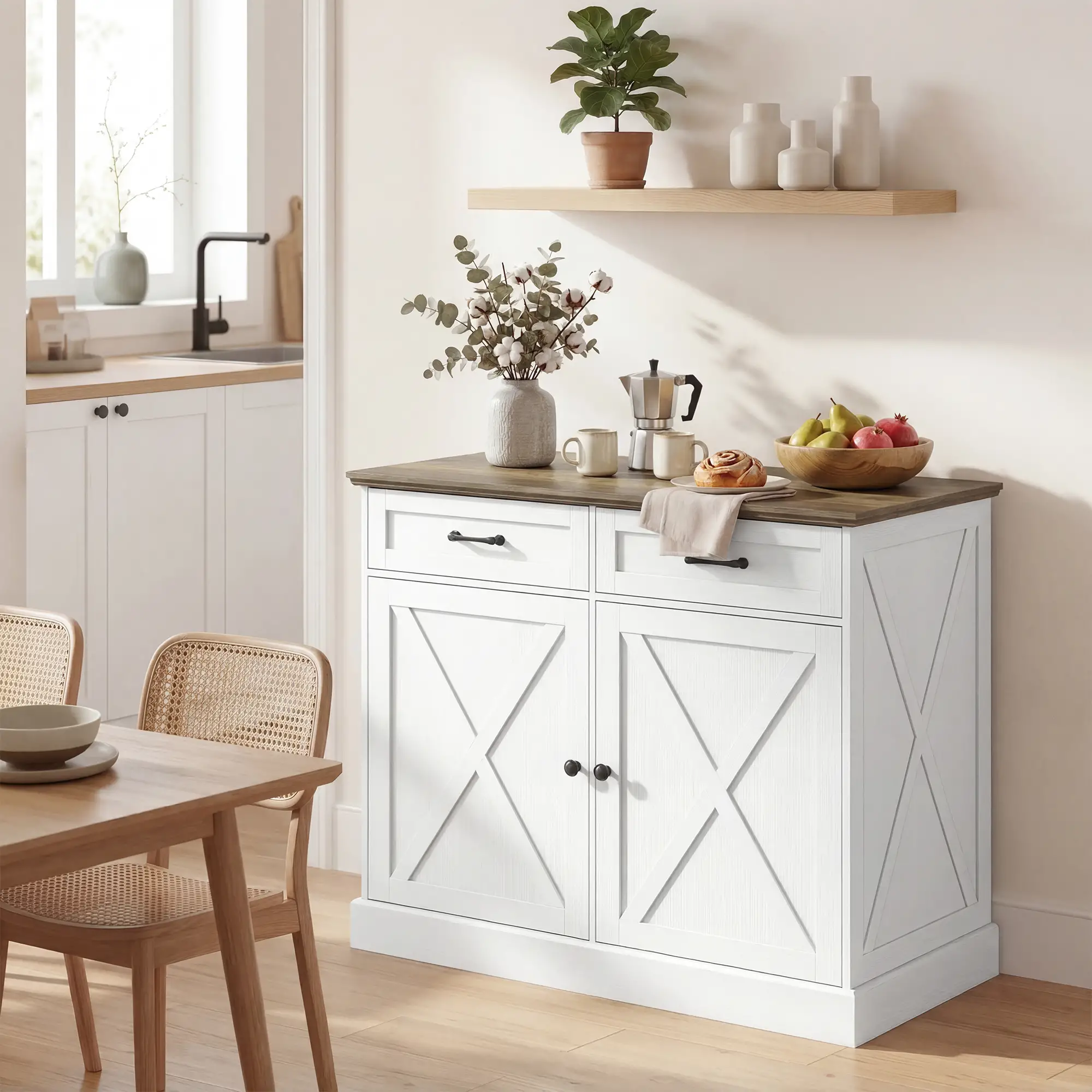 Kitchen Island with Sitting Space, Sideboard Cabinet with 2 Drawers and 2 Adjustable Shelves for Dining Room, White - Image 10