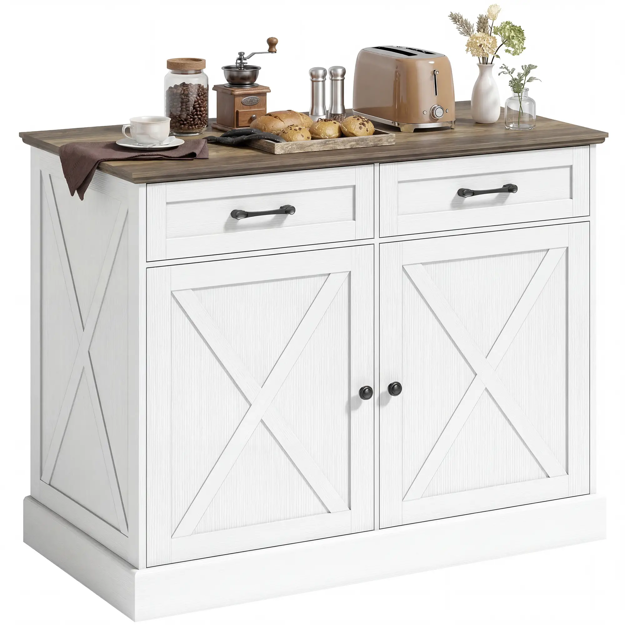 Kitchen Island with Sitting Space, Sideboard Cabinet with 2 Drawers and 2 Adjustable Shelves for Dining Room, White - Image 11
