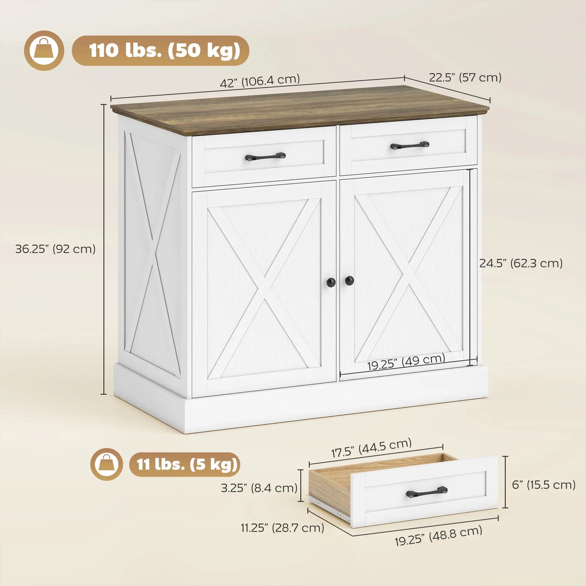 Kitchen Island with Sitting Space, Sideboard Cabinet with 2 Drawers and 2 Adjustable Shelves for Dining Room, White - Image 3