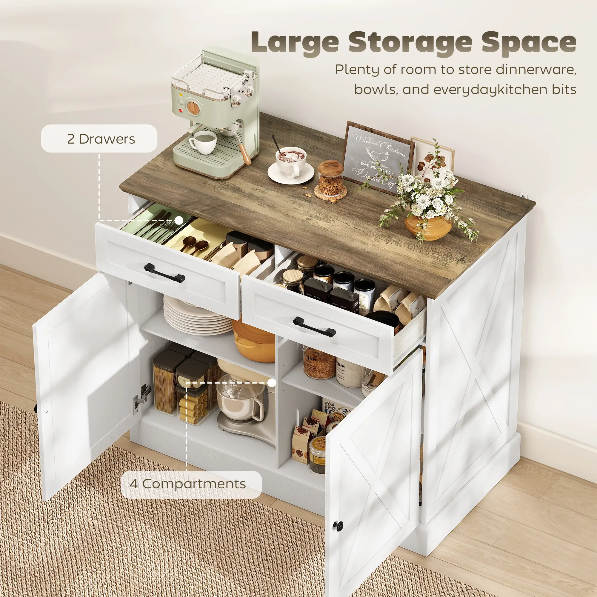 Kitchen Island with Sitting Space, Sideboard Cabinet with 2 Drawers and 2 Adjustable Shelves for Dining Room, White - Image 4