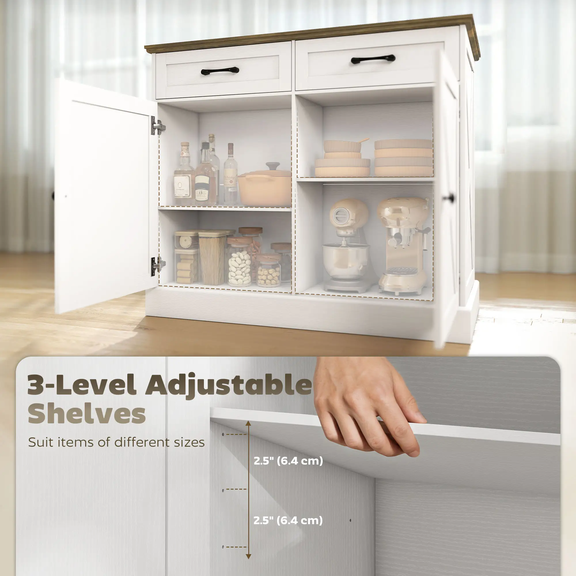 Kitchen Island with Sitting Space, Sideboard Cabinet with 2 Drawers and 2 Adjustable Shelves for Dining Room, White - Image 5