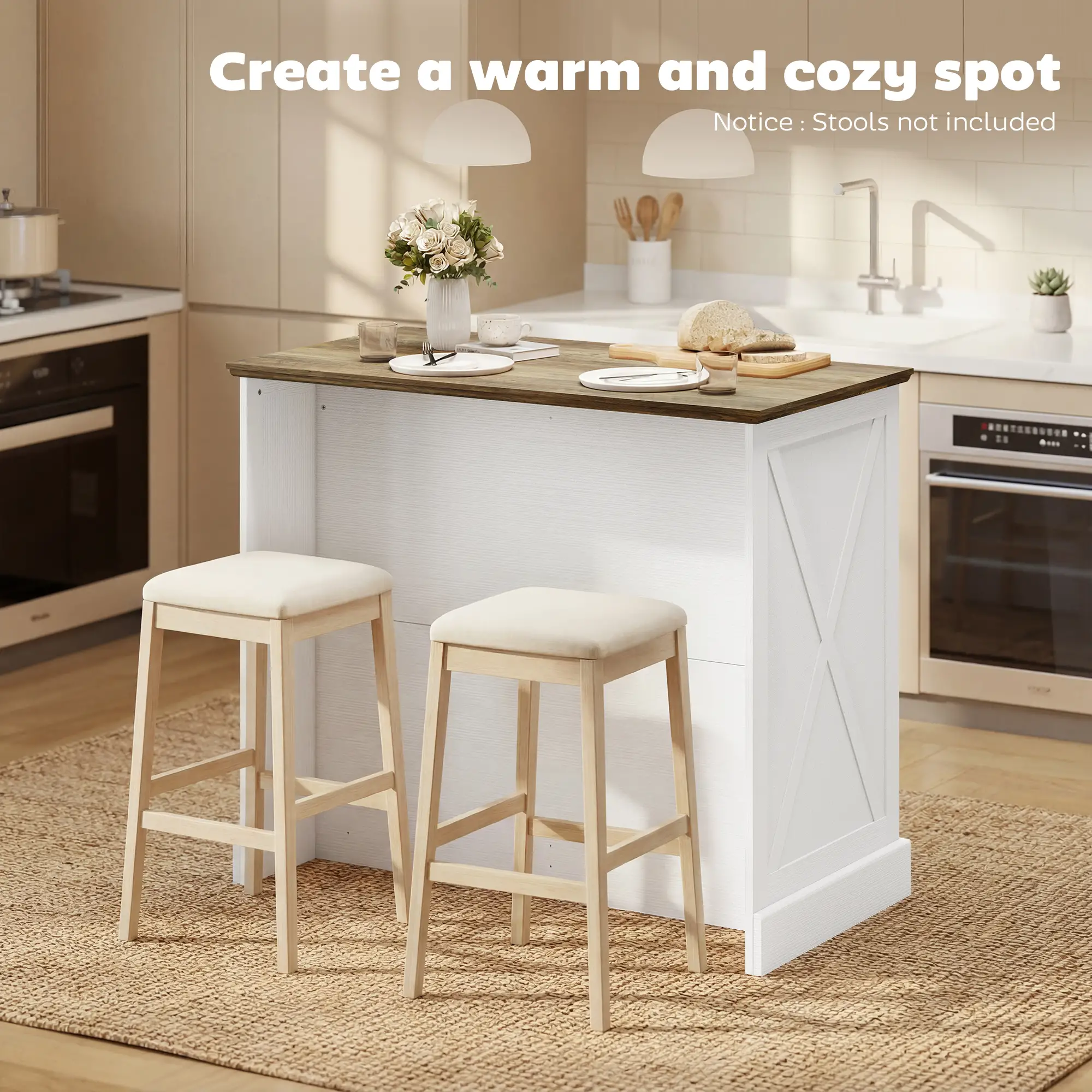 Kitchen Island with Sitting Space, Sideboard Cabinet with 2 Drawers and 2 Adjustable Shelves for Dining Room, White - Image 6