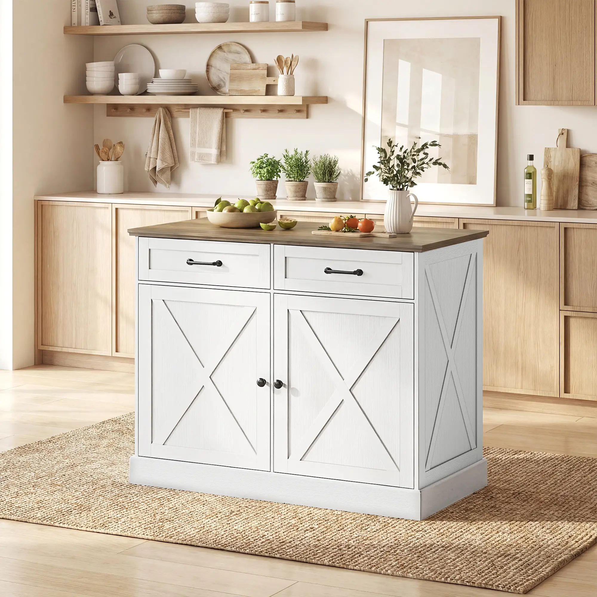 Kitchen Island with Sitting Space, Sideboard Cabinet with 2 Drawers and 2 Adjustable Shelves for Dining Room, White - Image 8