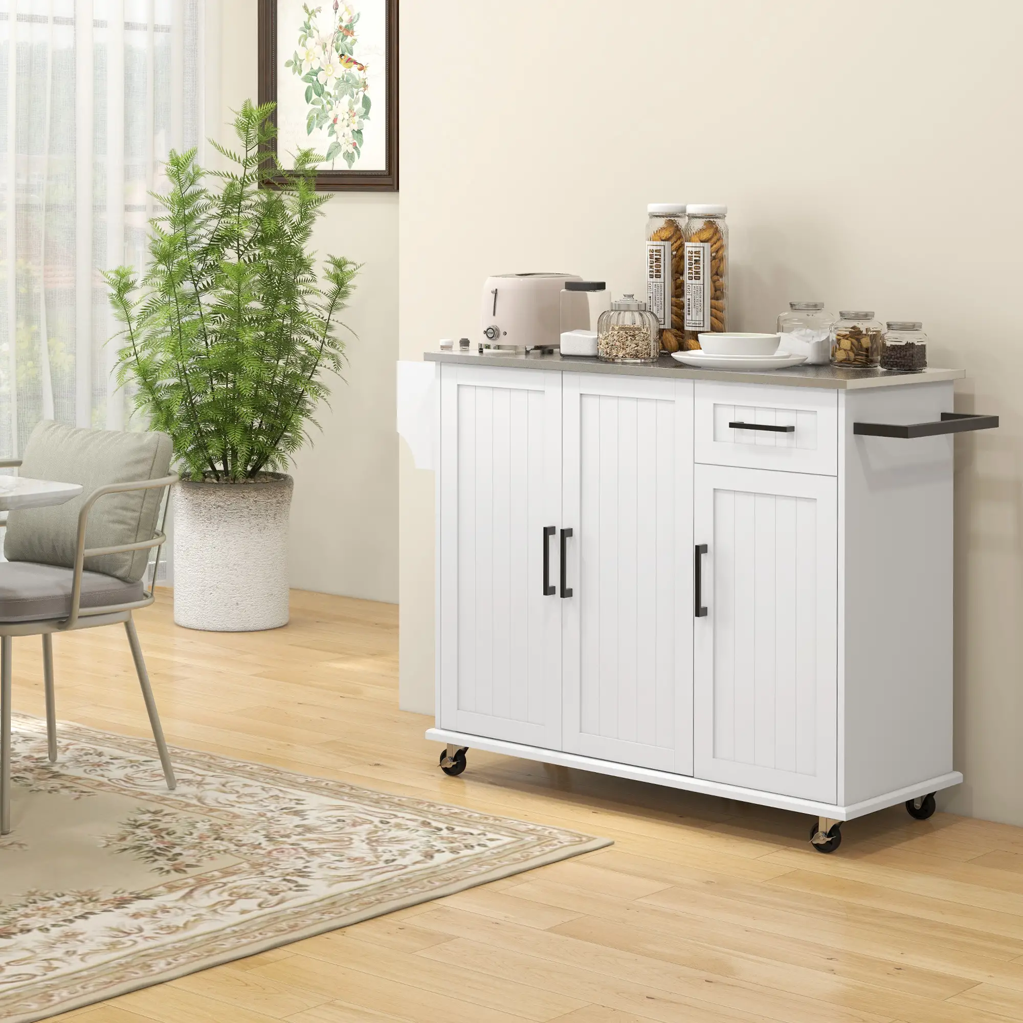 Kitchen Island with Storage, Drawer, 3 Cabinets, White - Image 2