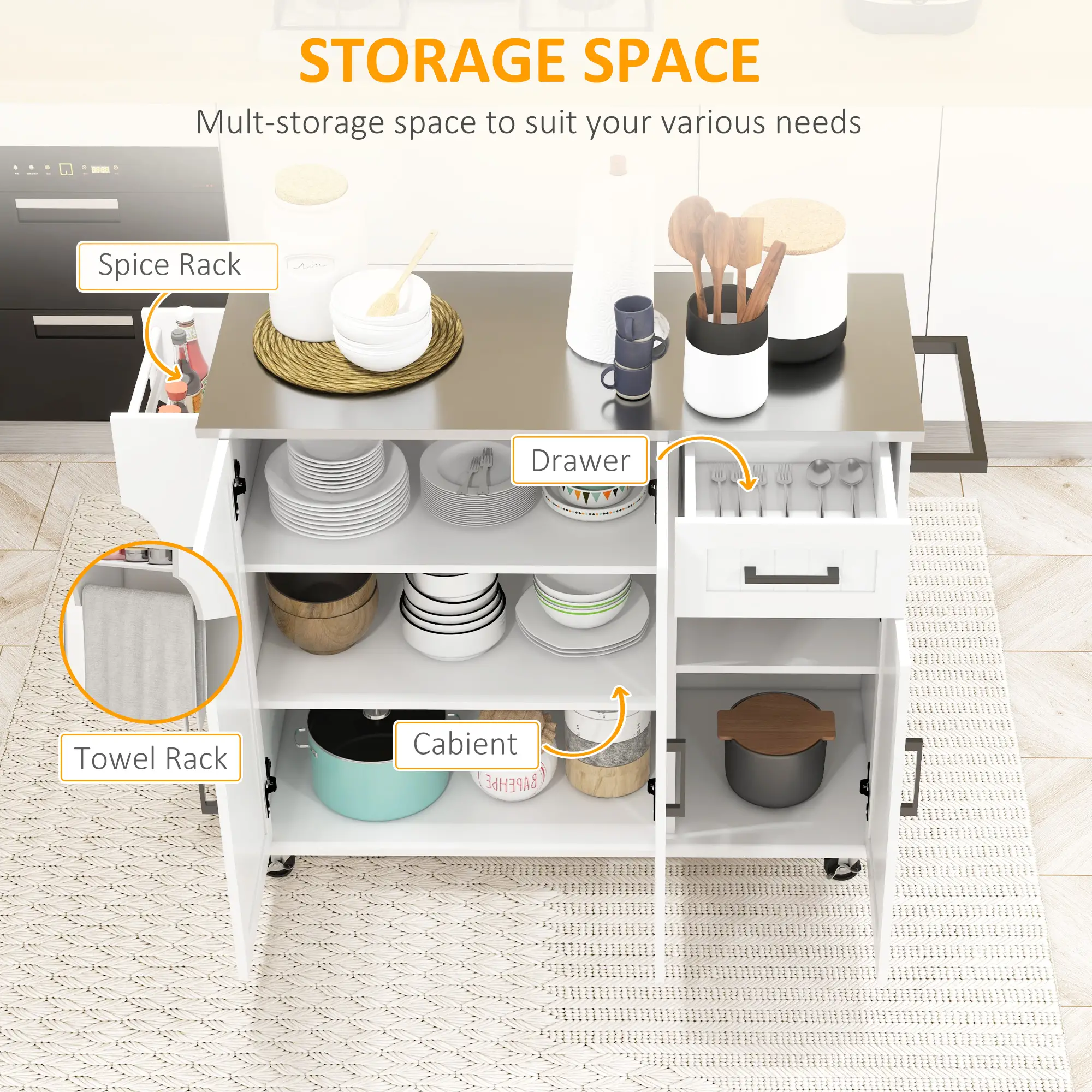 Kitchen Island with Storage, Drawer, 3 Cabinets, White - Image 4