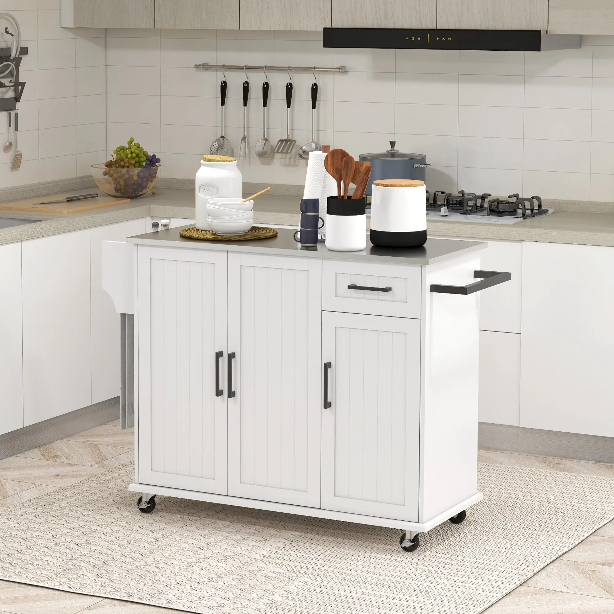 Kitchen Island with Storage, Drawer, 3 Cabinets, White - Image 8