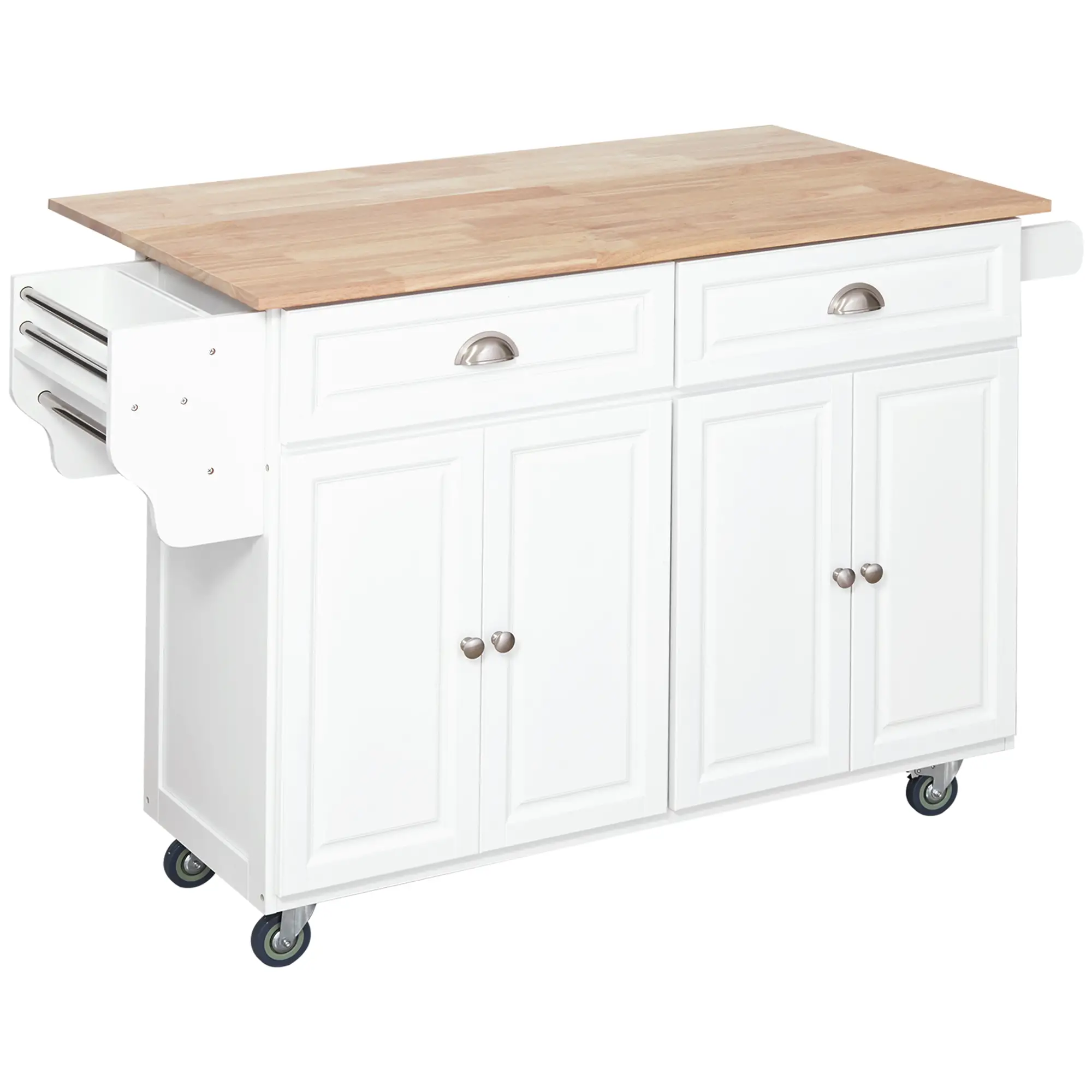 Kitchen Island with Storage, Drop Leaf, Rubber Wood Top, Adjustable Shelves, White