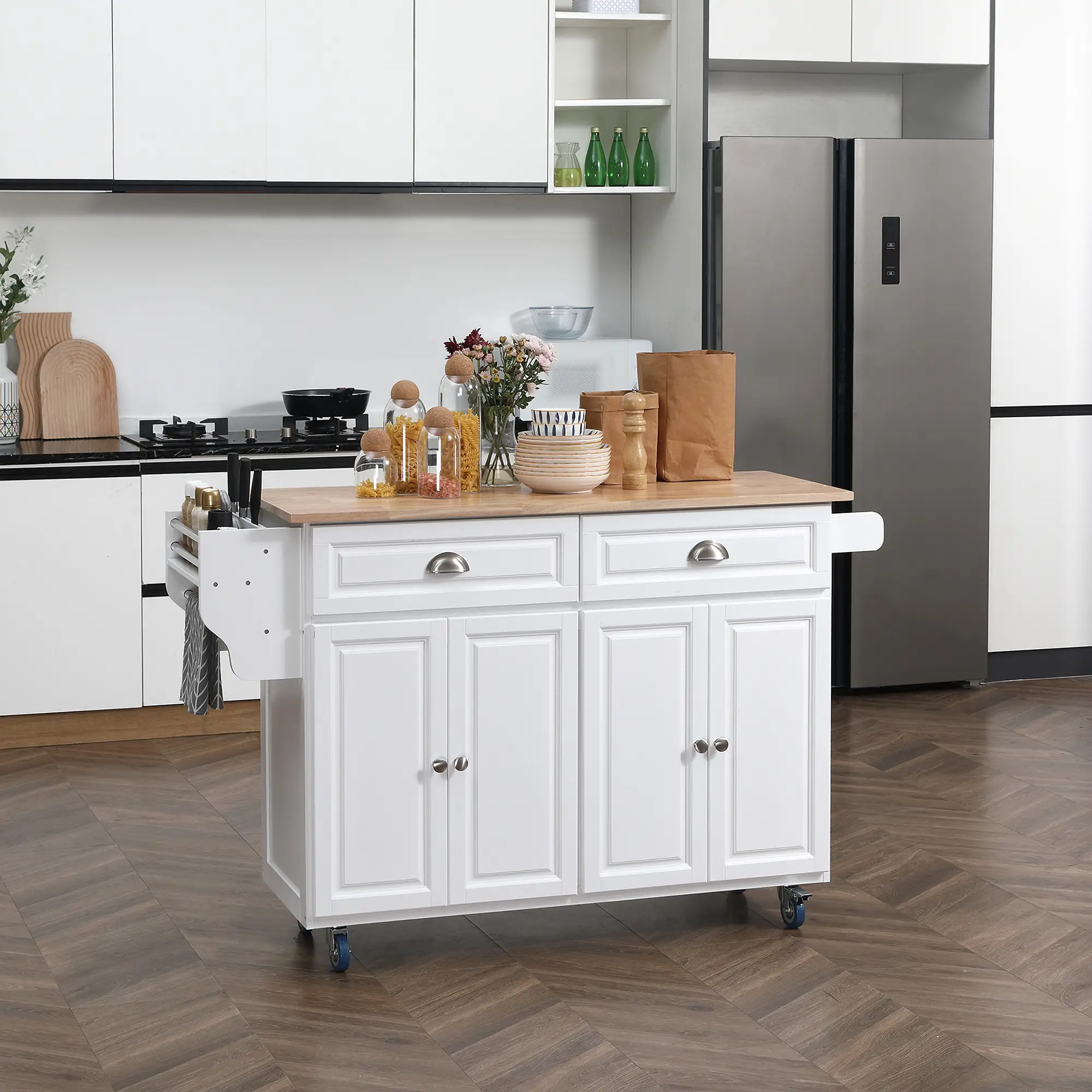 Kitchen Island with Storage, Drop Leaf, Rubber Wood Top, Adjustable Shelves, White - Image 2