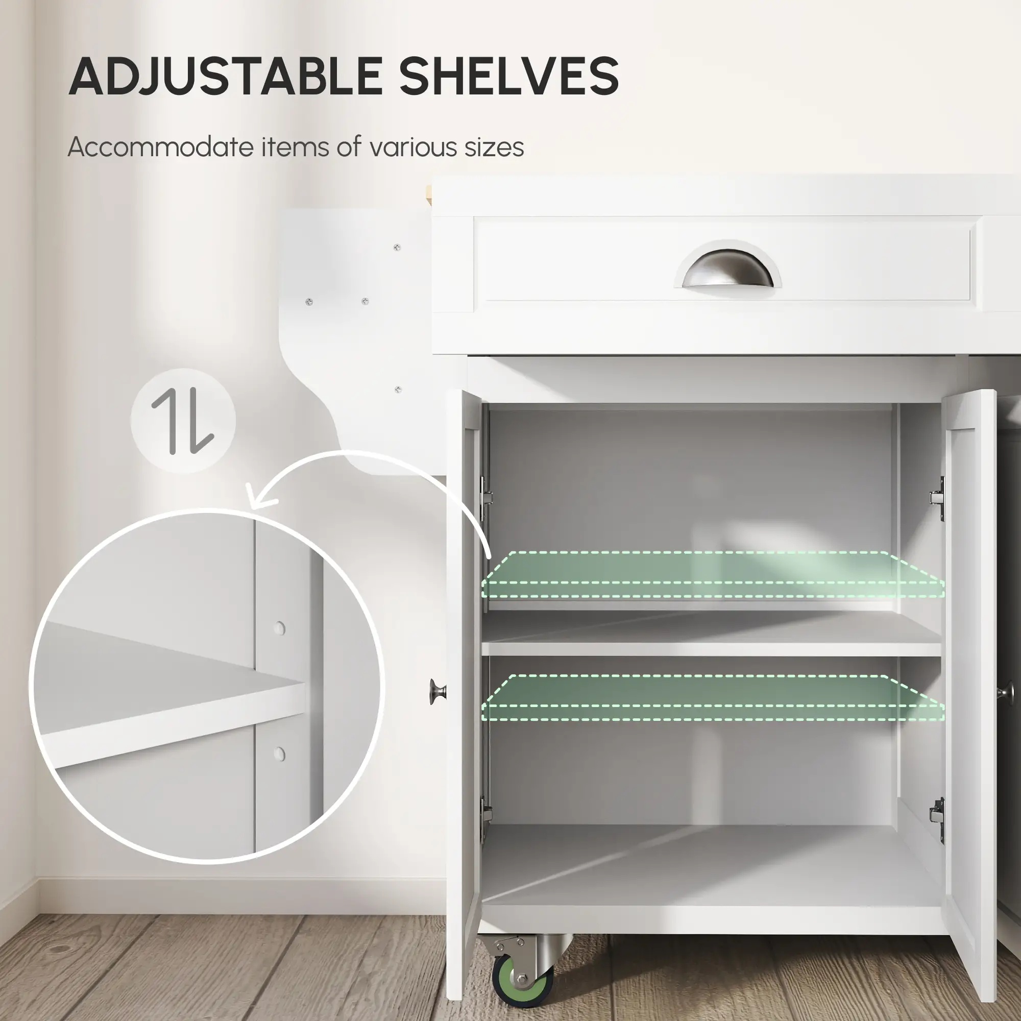 Kitchen Island with Storage, Drop Leaf, Rubber Wood Top, Adjustable Shelves, White - Image 4