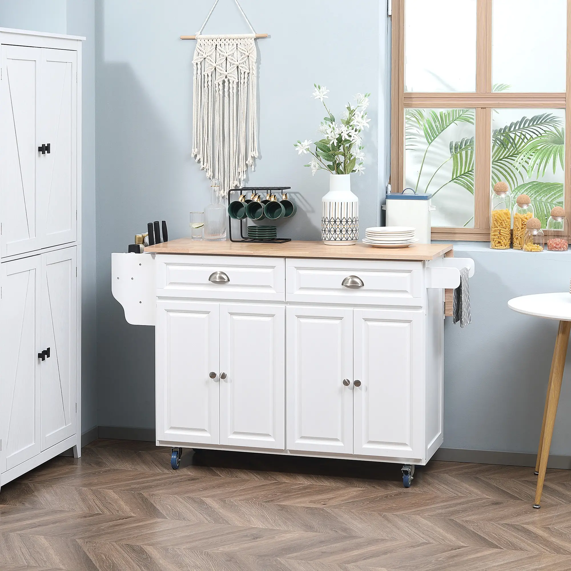Kitchen Island with Storage, Drop Leaf, Rubber Wood Top, Adjustable Shelves, White - Image 9