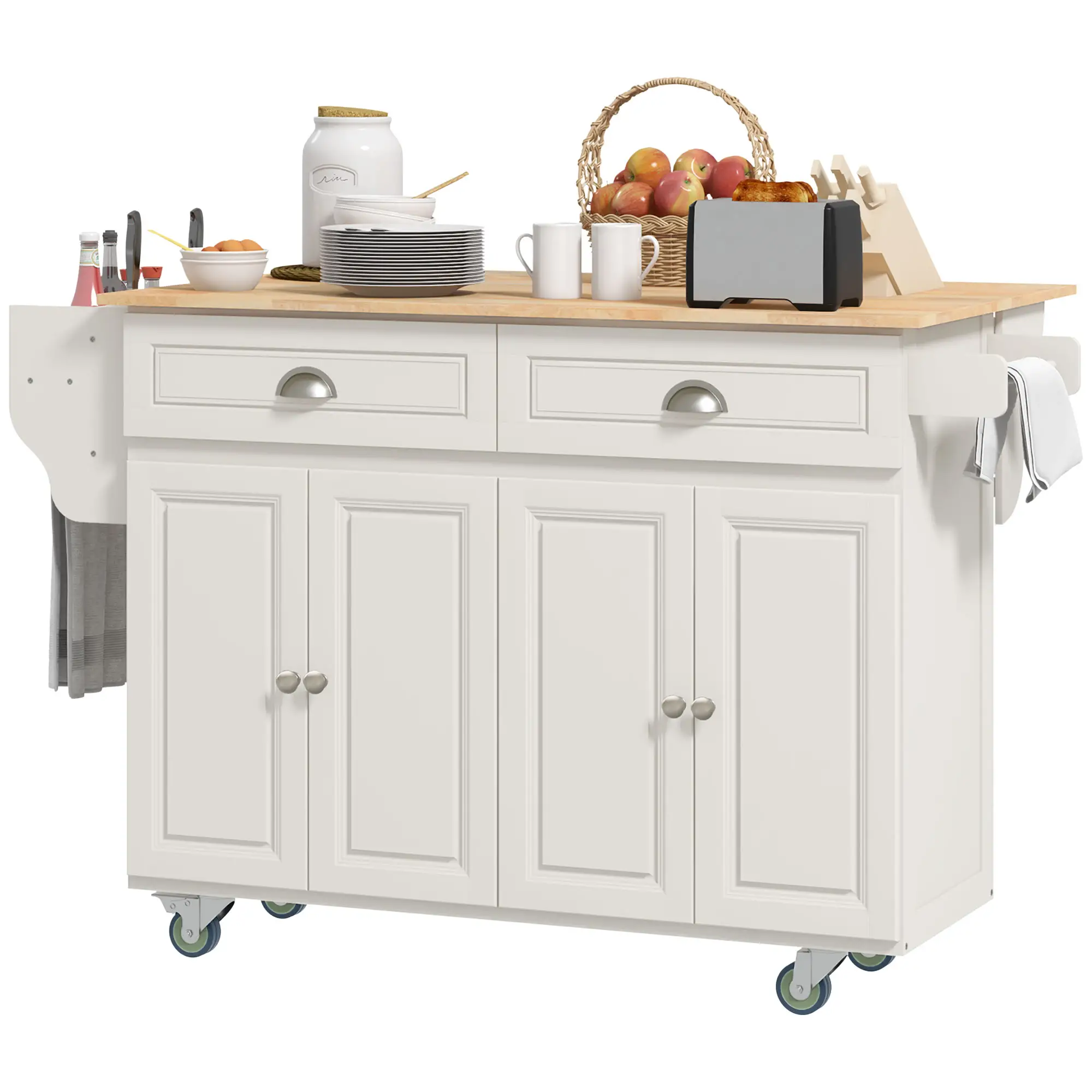 Kitchen Island with Storage, Drop Leaf, Rubber Wood Top, Cream White - Image 11