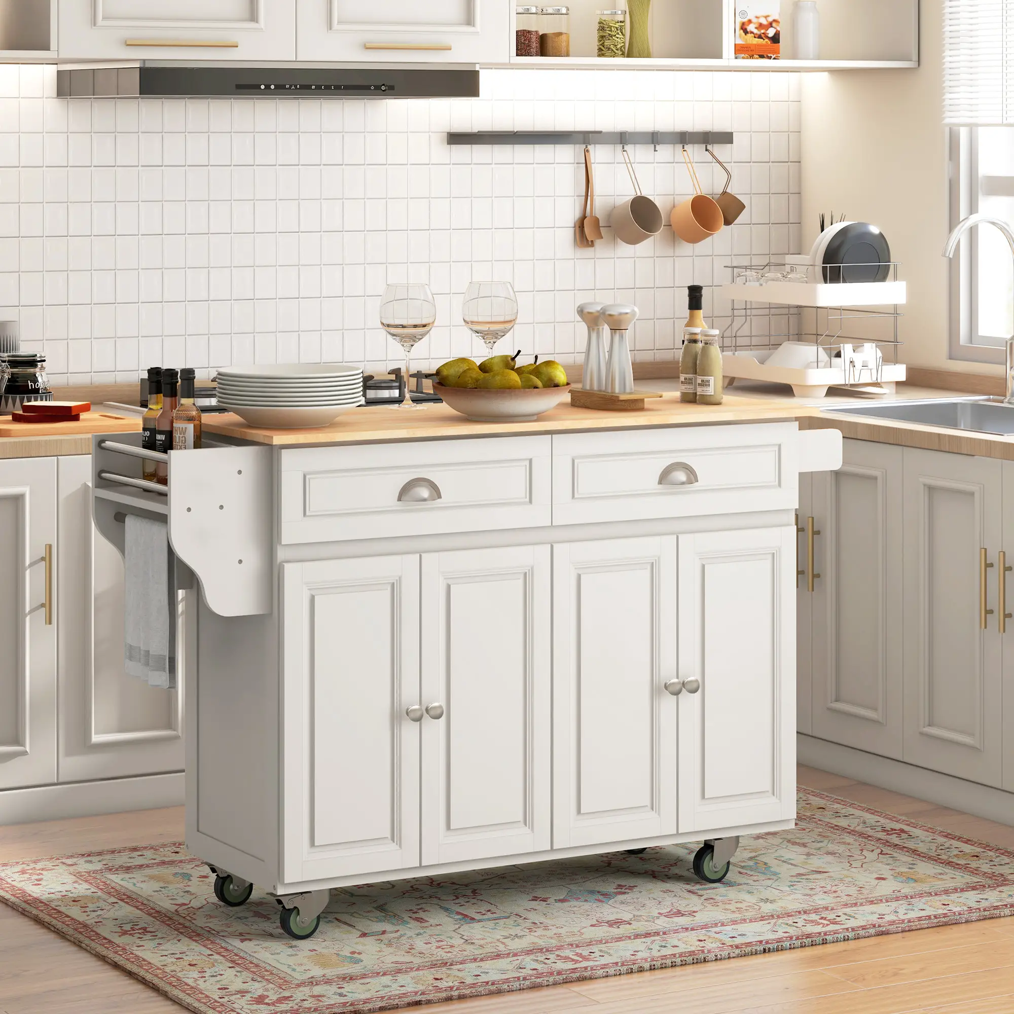 Kitchen Island with Storage, Drop Leaf, Rubber Wood Top, Cream White - Image 2