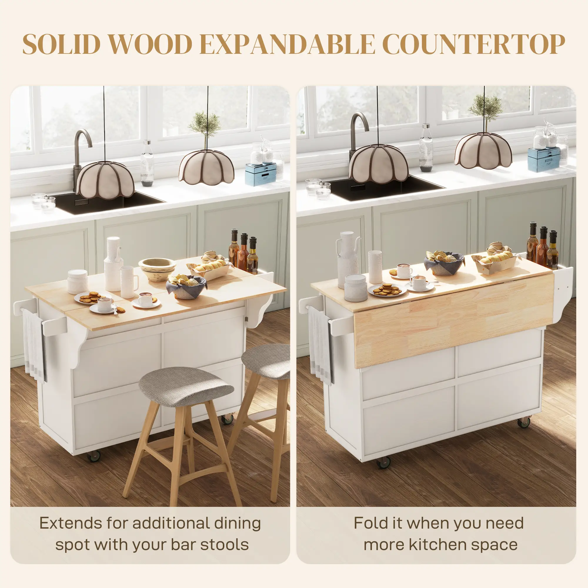 Kitchen Island with Storage, Drop Leaf, Rubber Wood Top, Cream White - Image 4