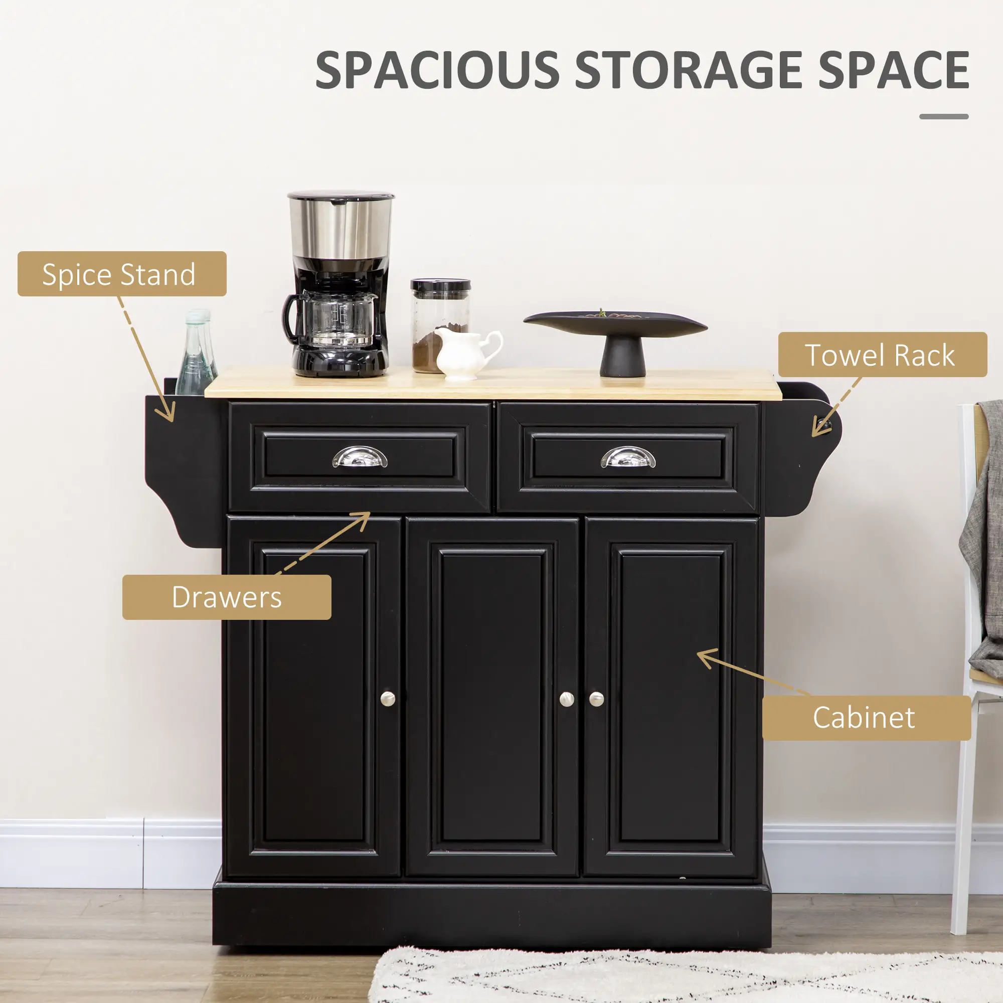 Kitchen Island with Storage, Rolling Cart, Rubber Wood Top, Black - Image 4