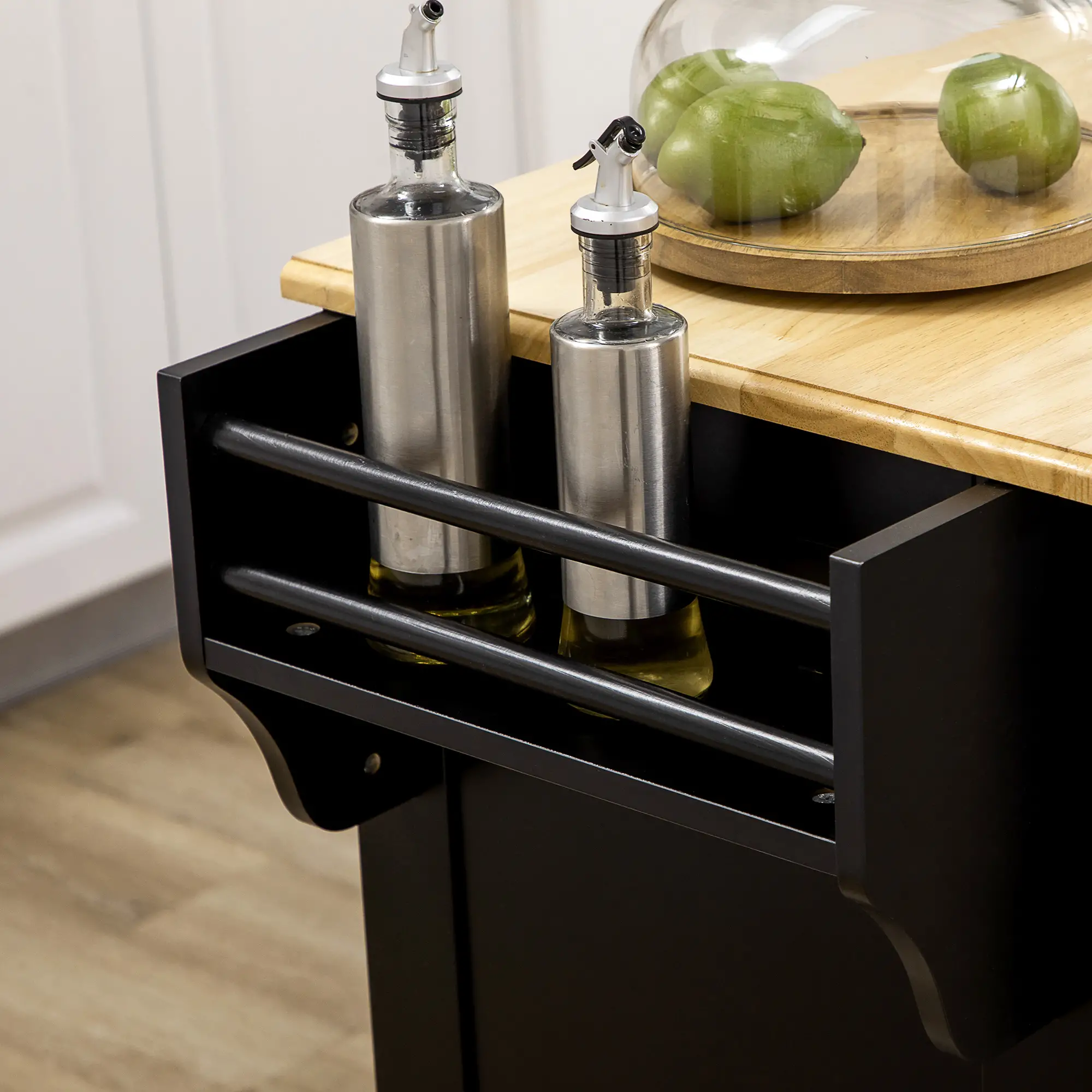Kitchen Island with Storage, Rolling Cart, Rubber Wood Top, Black - Image 7