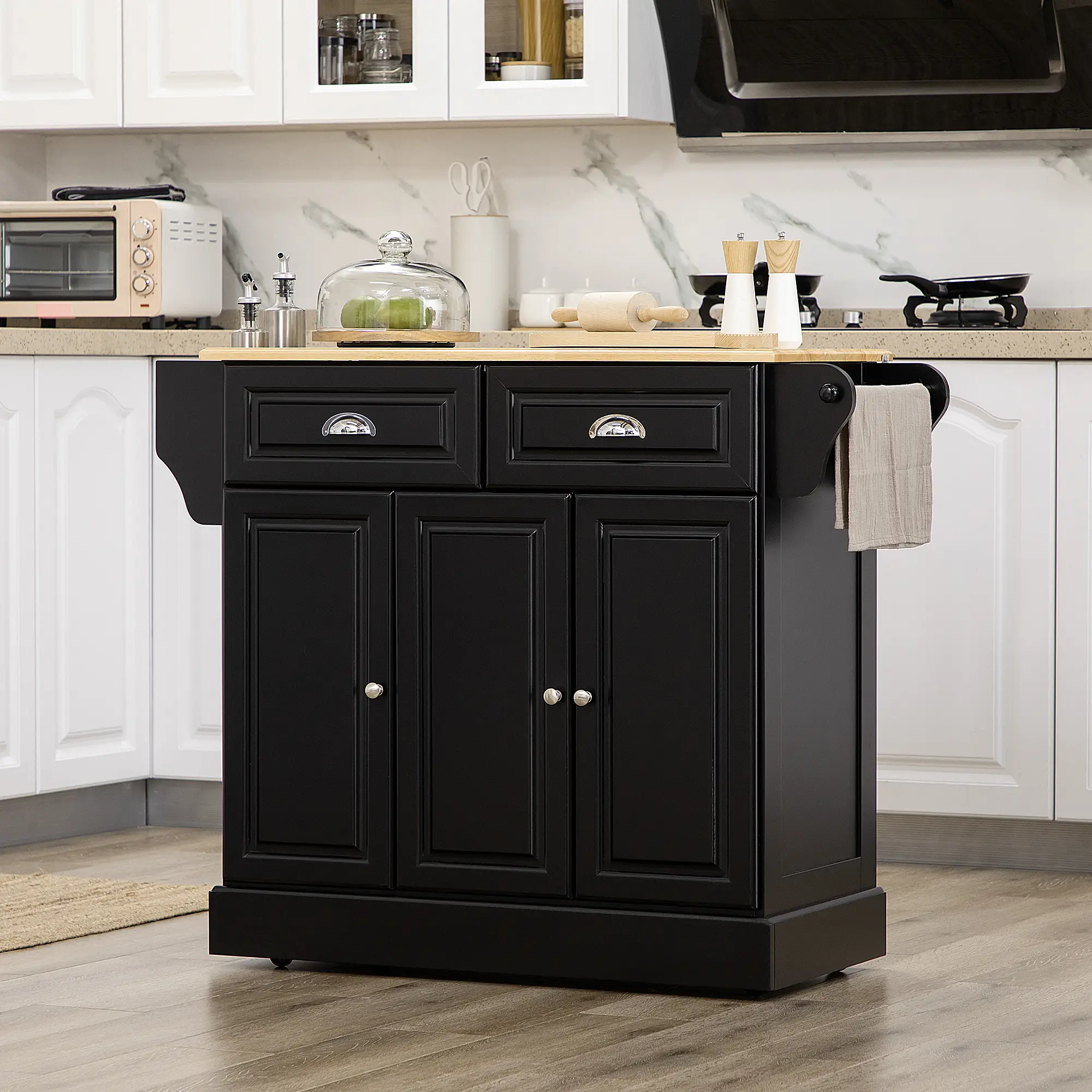 Kitchen Island with Storage, Rolling Cart, Rubber Wood Top, Black - Image 8