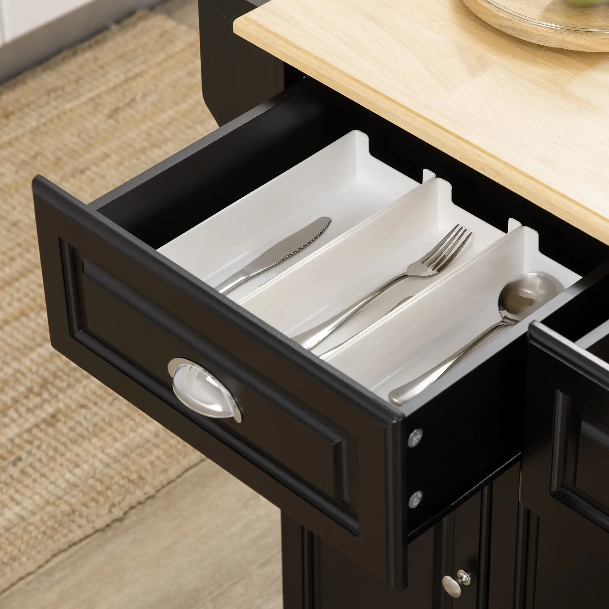 Kitchen Island with Storage, Rolling Cart, Rubber Wood Top, Black - Image 9