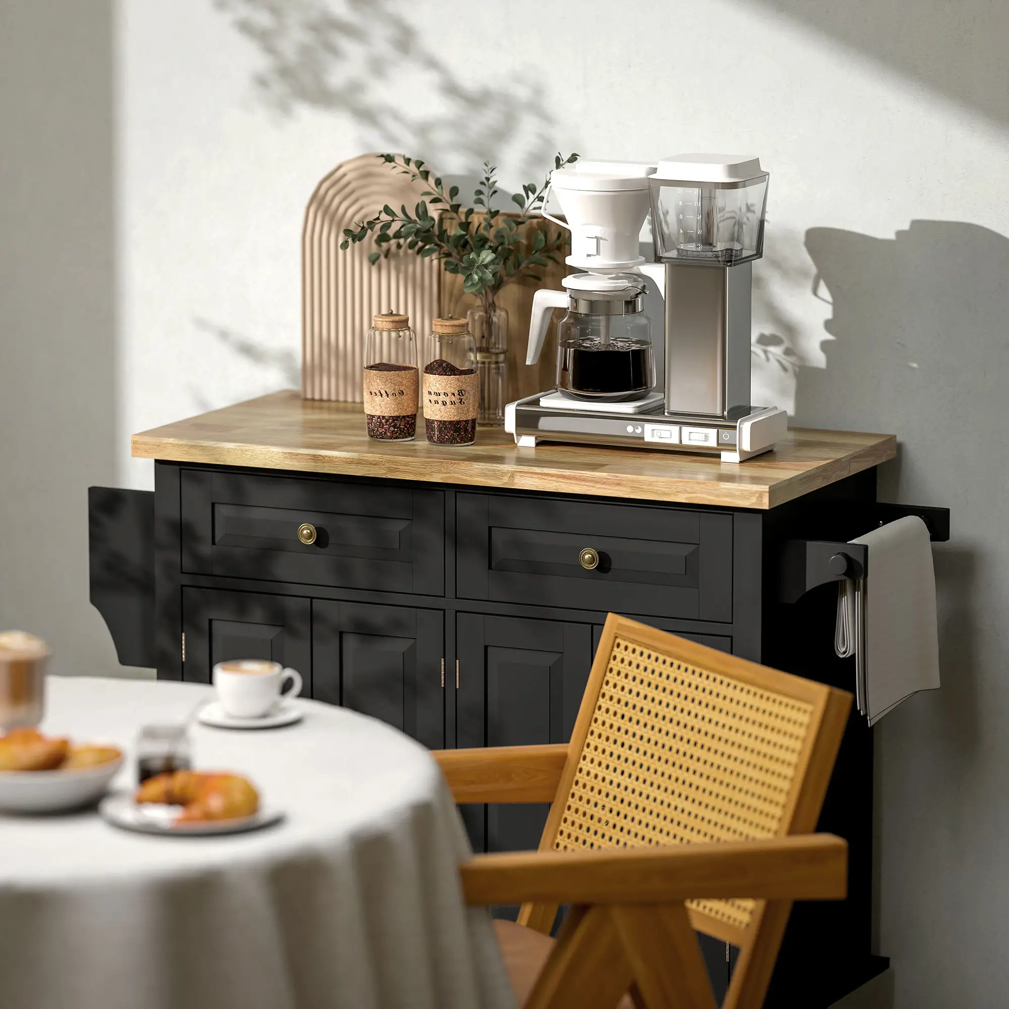 Kitchen Island with Storage, Rolling Trolley Cart with Rubber Wood Top, Spice Rack, Towel Rack, Black - Image 10