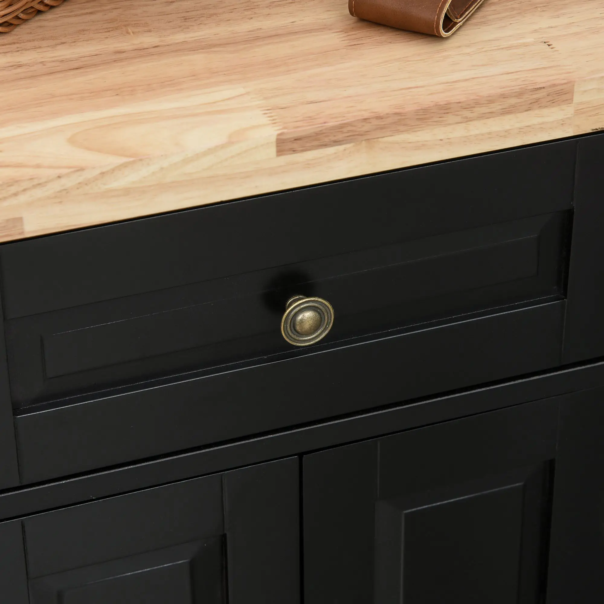 Kitchen Island with Storage, Rolling Trolley Cart with Rubber Wood Top, Spice Rack, Towel Rack, Black - Image 11