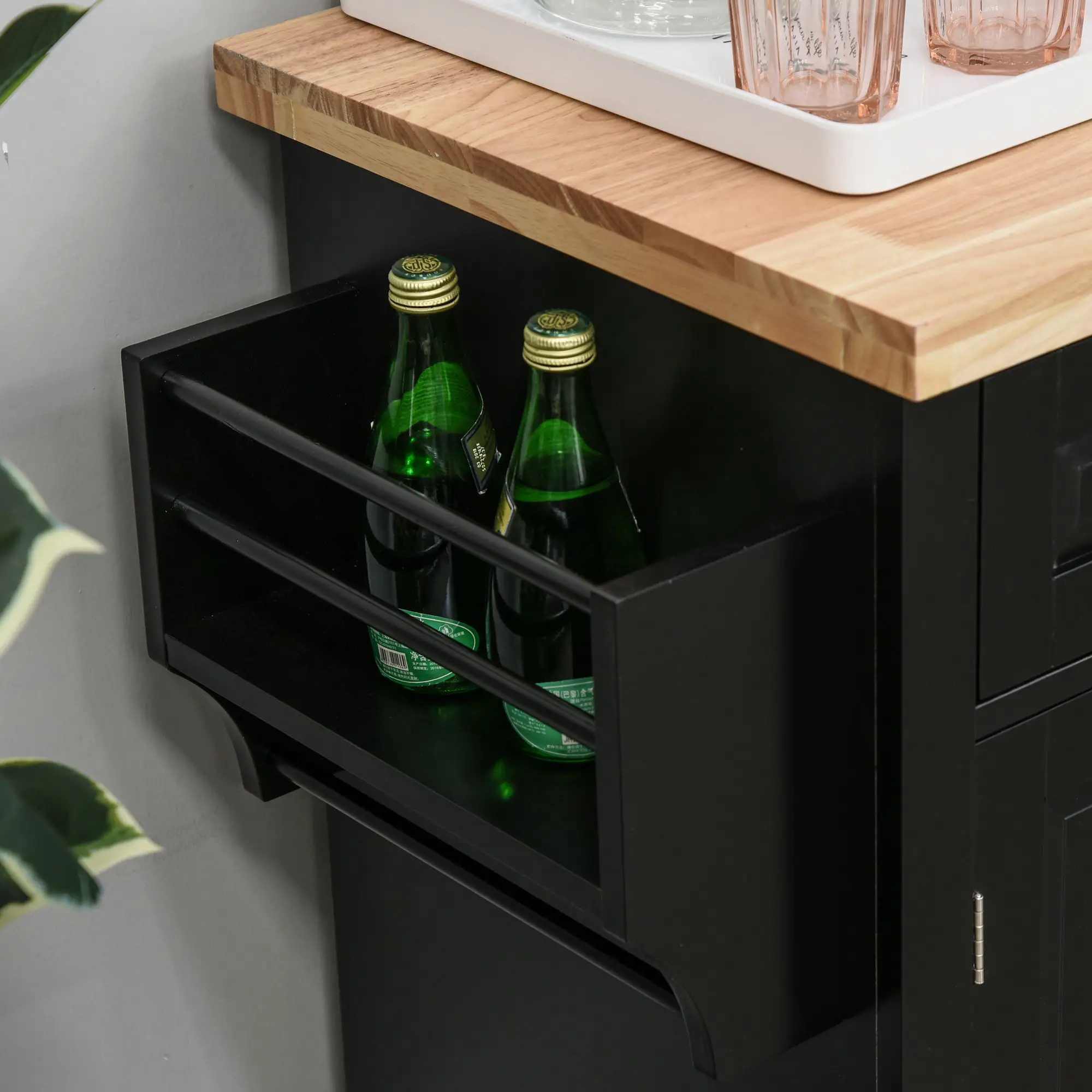 Kitchen Island with Storage, Rolling Trolley Cart with Rubber Wood Top, Spice Rack, Towel Rack, Black - Image 13