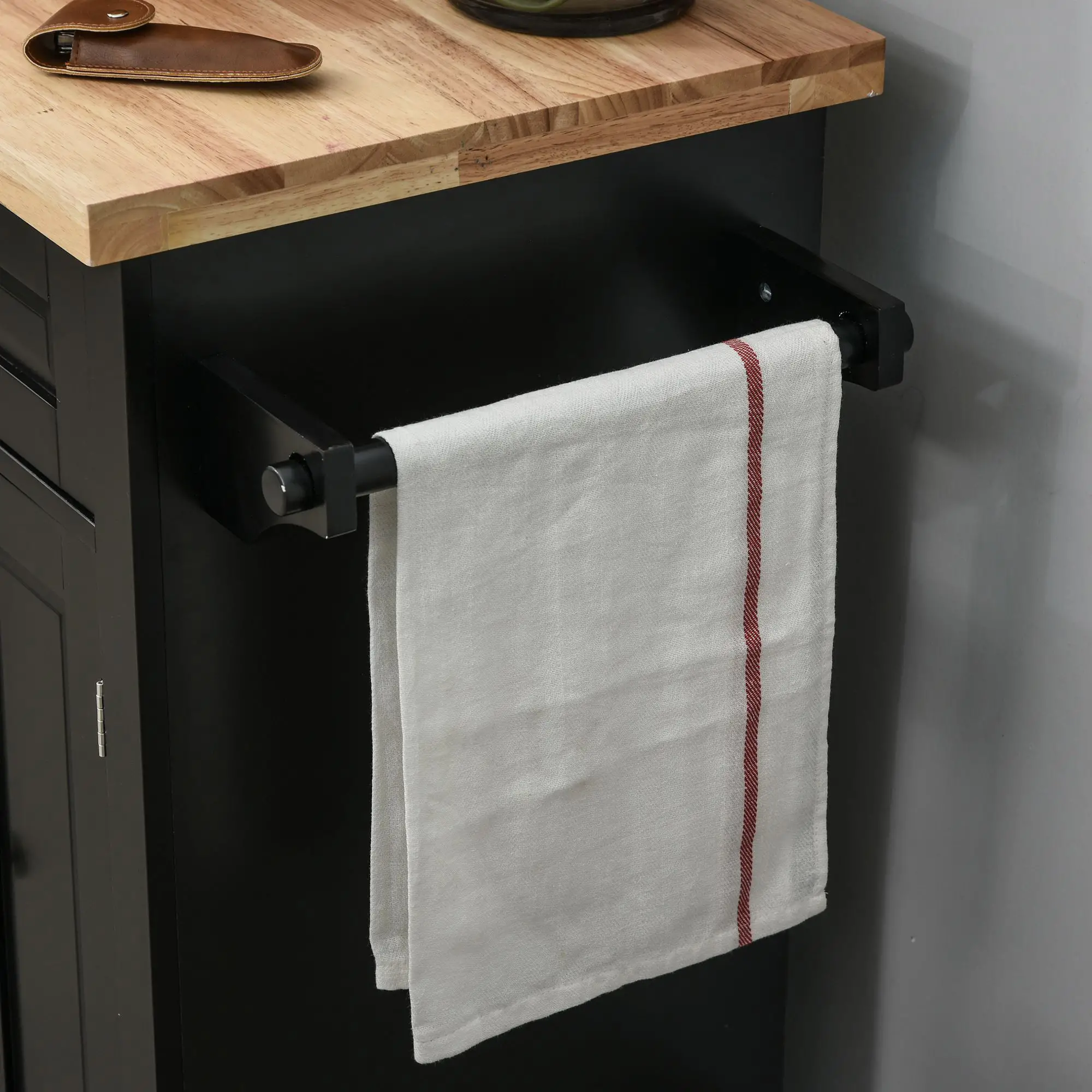 Kitchen Island with Storage, Rolling Trolley Cart with Rubber Wood Top, Spice Rack, Towel Rack, Black - Image 14