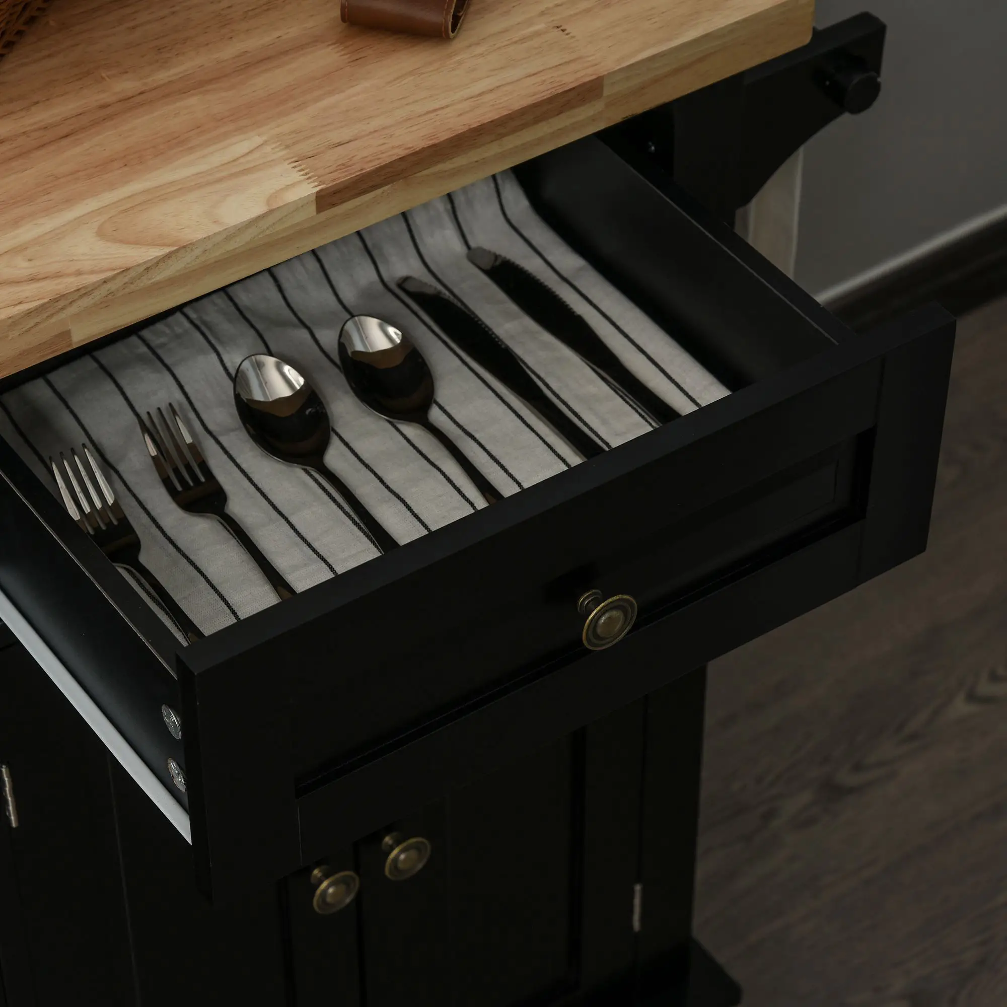 Kitchen Island with Storage, Rolling Trolley Cart with Rubber Wood Top, Spice Rack, Towel Rack, Black - Image 15