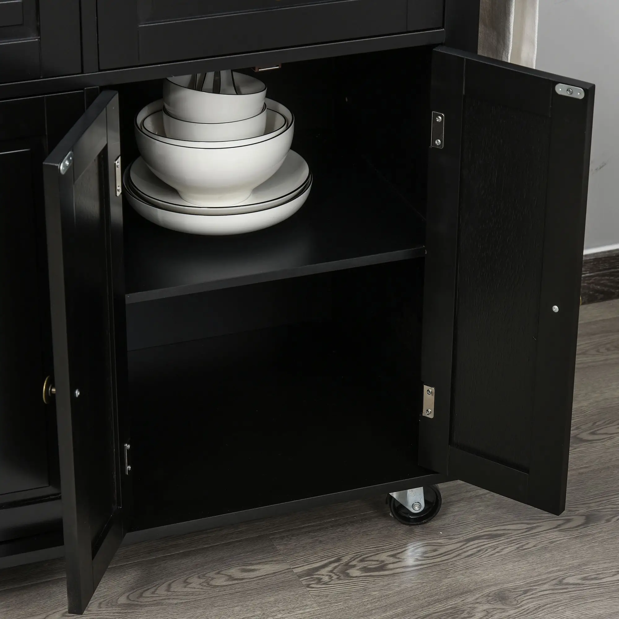 Kitchen Island with Storage, Rolling Trolley Cart with Rubber Wood Top, Spice Rack, Towel Rack, Black - Image 16
