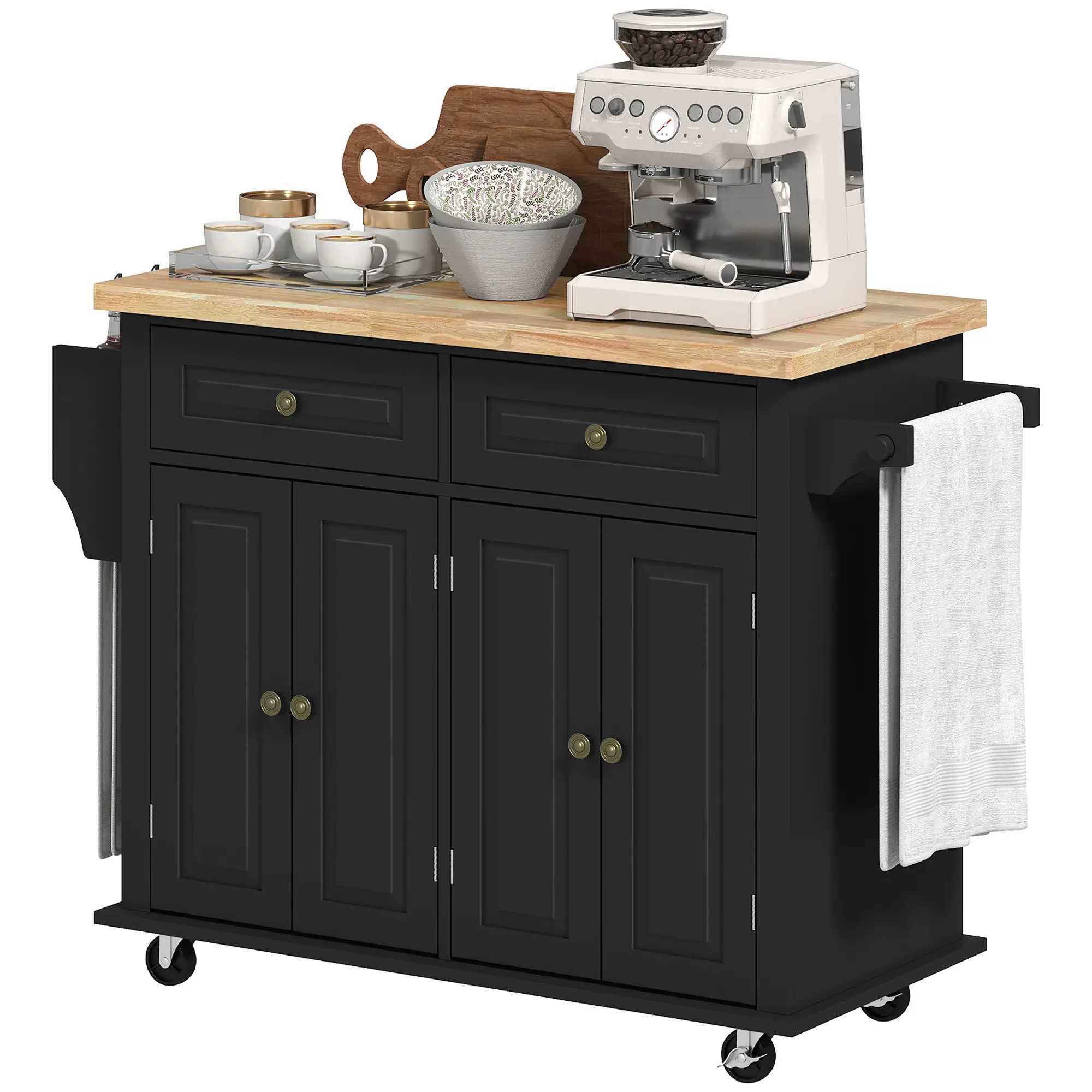 Kitchen Island with Storage, Rolling Trolley Cart with Rubber Wood Top, Spice Rack, Towel Rack, Black - Image 17