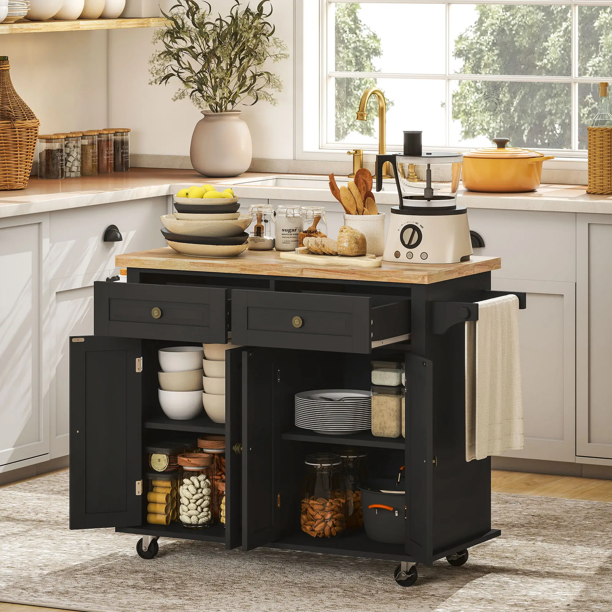 Kitchen Island with Storage, Rolling Trolley Cart with Rubber Wood Top, Spice Rack, Towel Rack, Black - Image 2