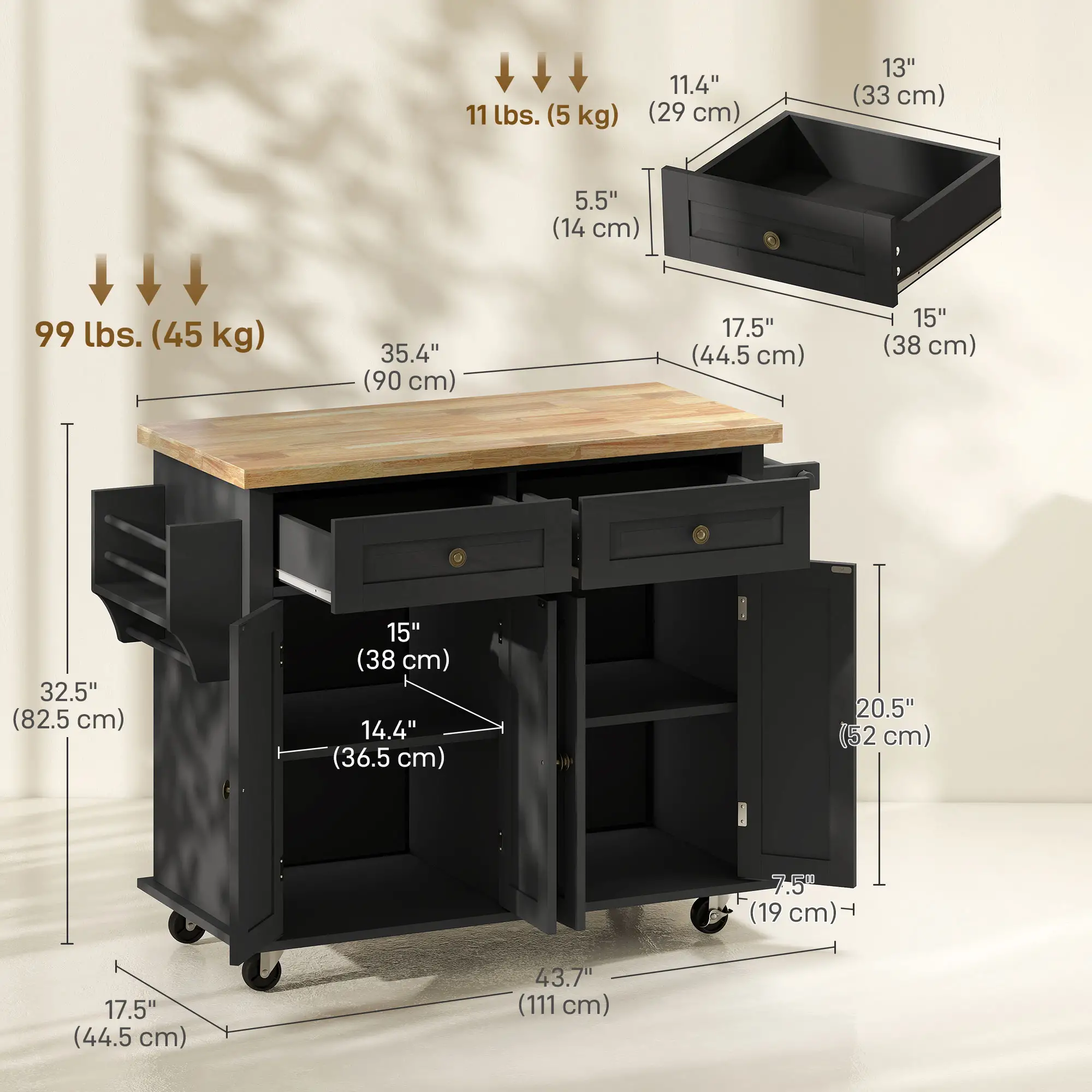 Kitchen Island with Storage, Rolling Trolley Cart with Rubber Wood Top, Spice Rack, Towel Rack, Black - Image 3