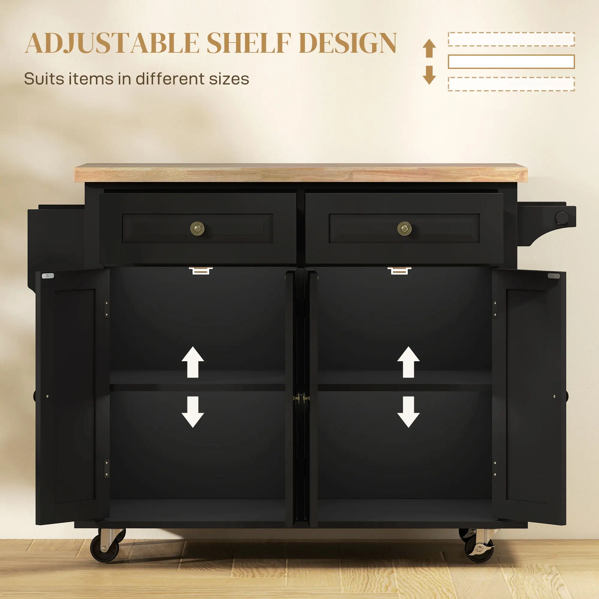 Kitchen Island with Storage, Rolling Trolley Cart with Rubber Wood Top, Spice Rack, Towel Rack, Black - Image 5