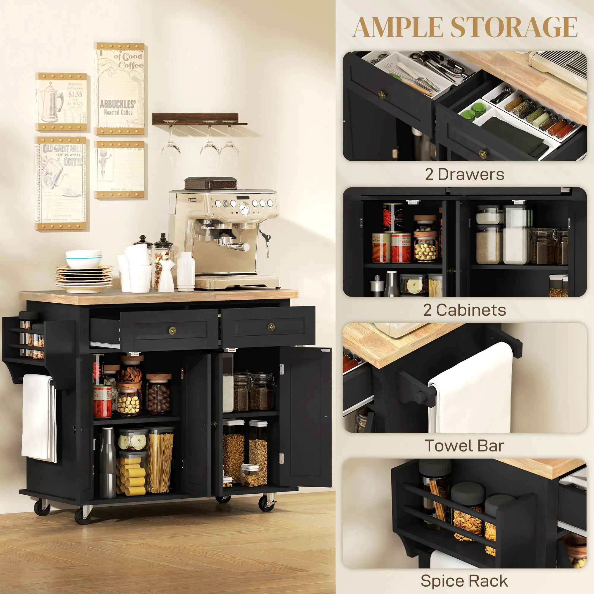 Kitchen Island with Storage, Rolling Trolley Cart with Rubber Wood Top, Spice Rack, Towel Rack, Black - Image 6