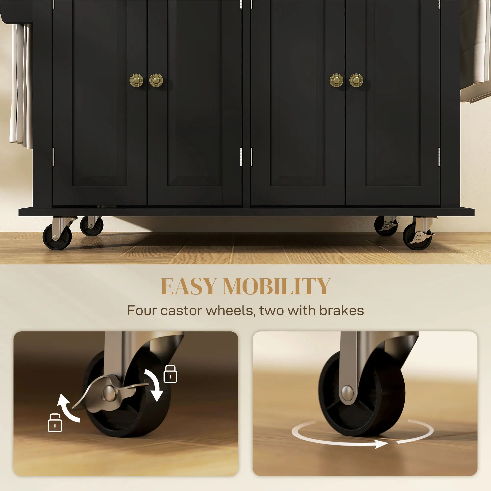 Kitchen Island with Storage, Rolling Trolley Cart with Rubber Wood Top, Spice Rack, Towel Rack, Black - Image 7