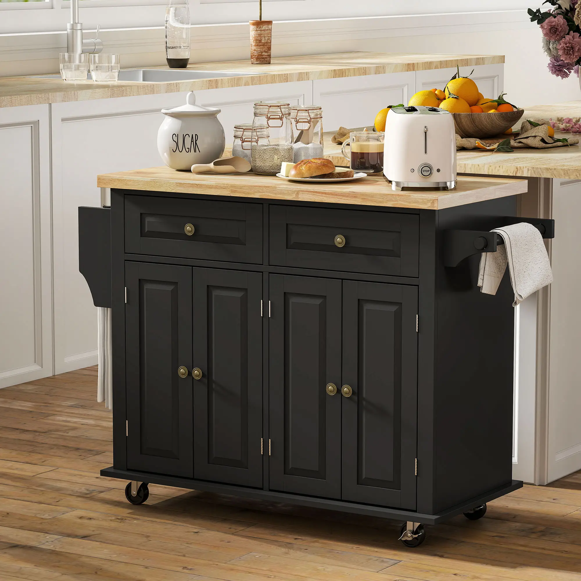 Kitchen Island with Storage, Rolling Trolley Cart with Rubber Wood Top, Spice Rack, Towel Rack, Black - Image 8