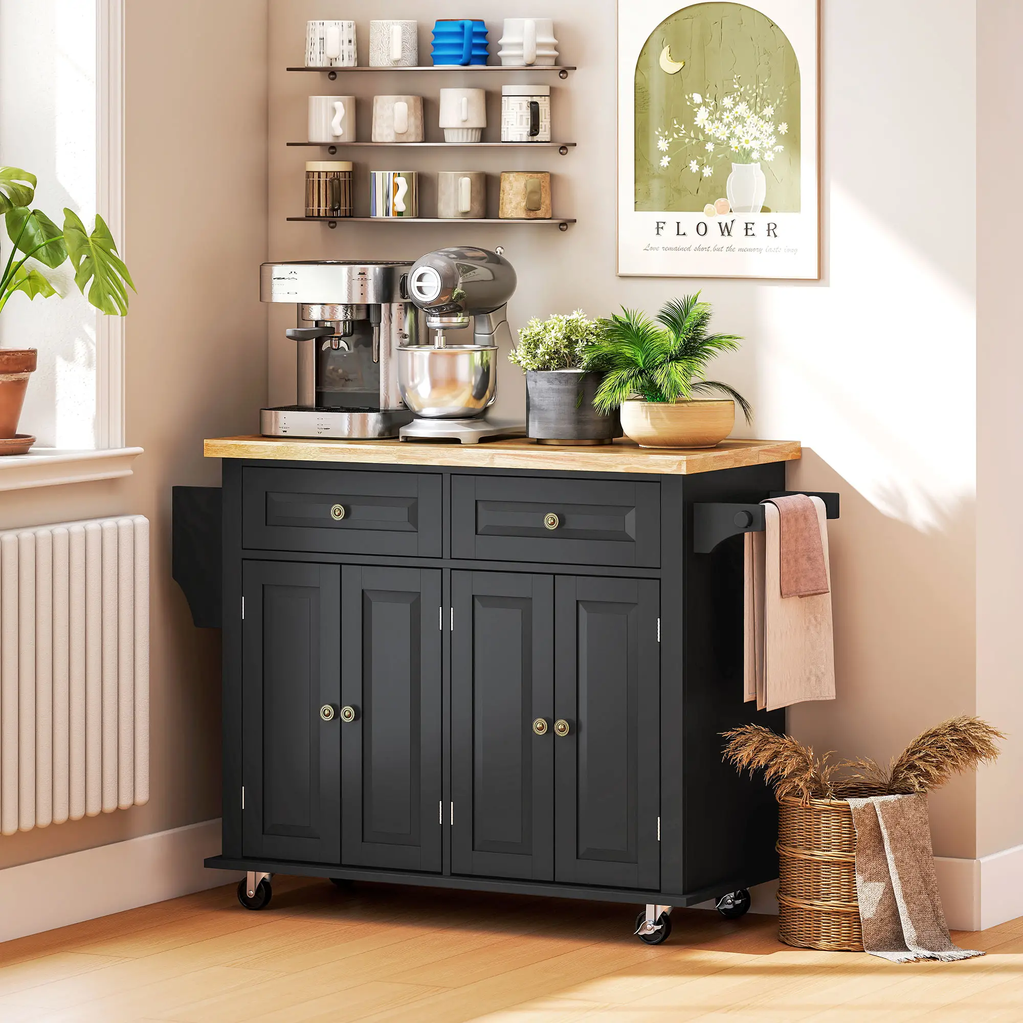 Kitchen Island with Storage, Rolling Trolley Cart with Rubber Wood Top, Spice Rack, Towel Rack, Black - Image 9