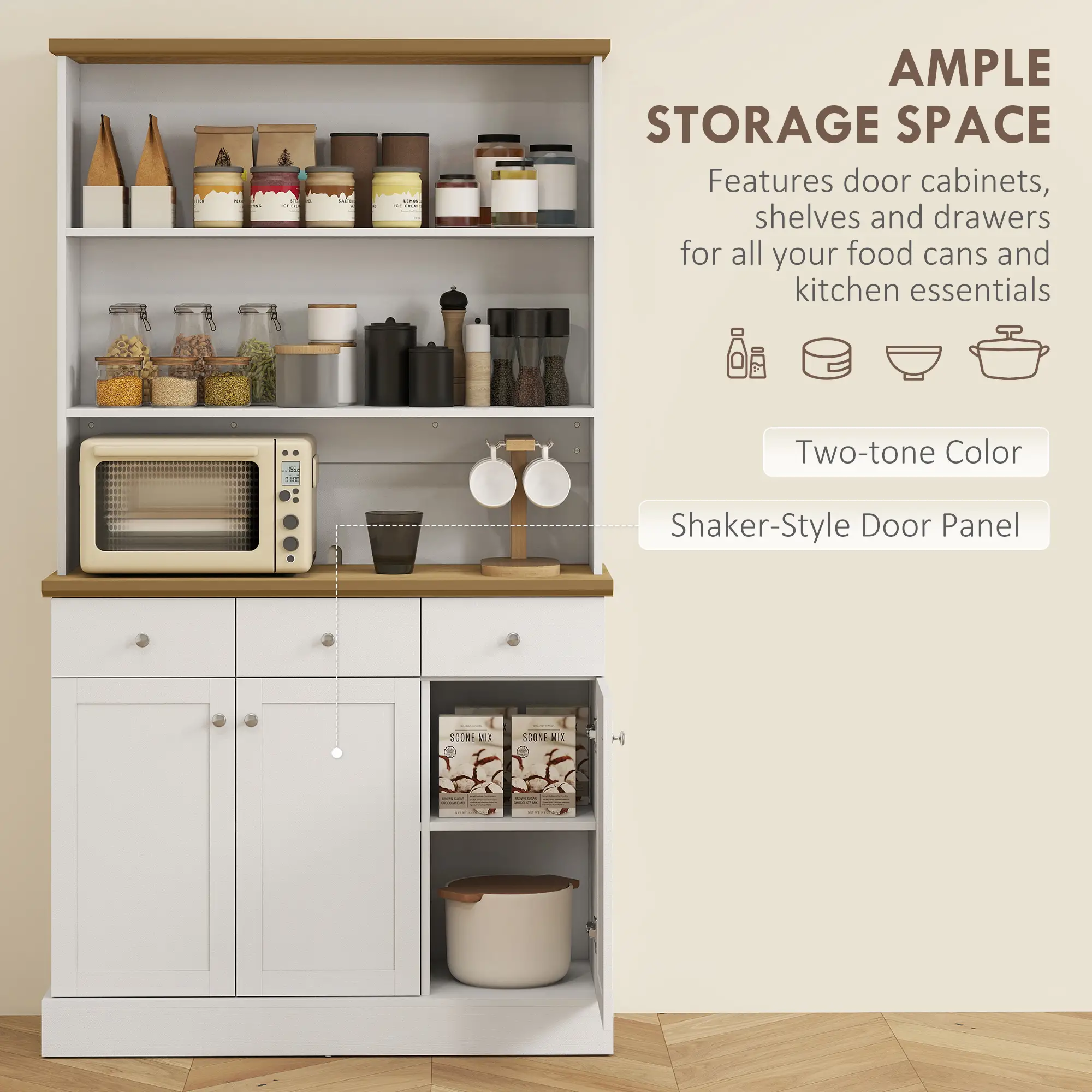Kitchen Pantry Buffet Server Hutch, Storage Sideboard with Drawers, Cabinets - Image 4