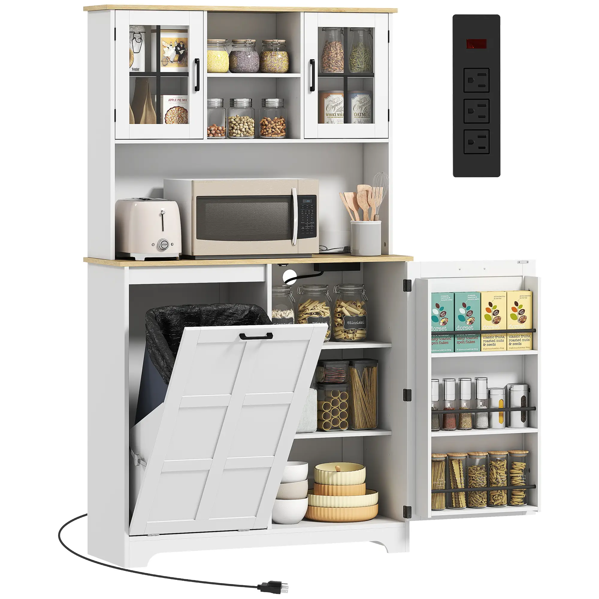 Kitchen Pantry Cabinet, 7 Gallon Trash Can, Adjustable Shelves, White - Image 11