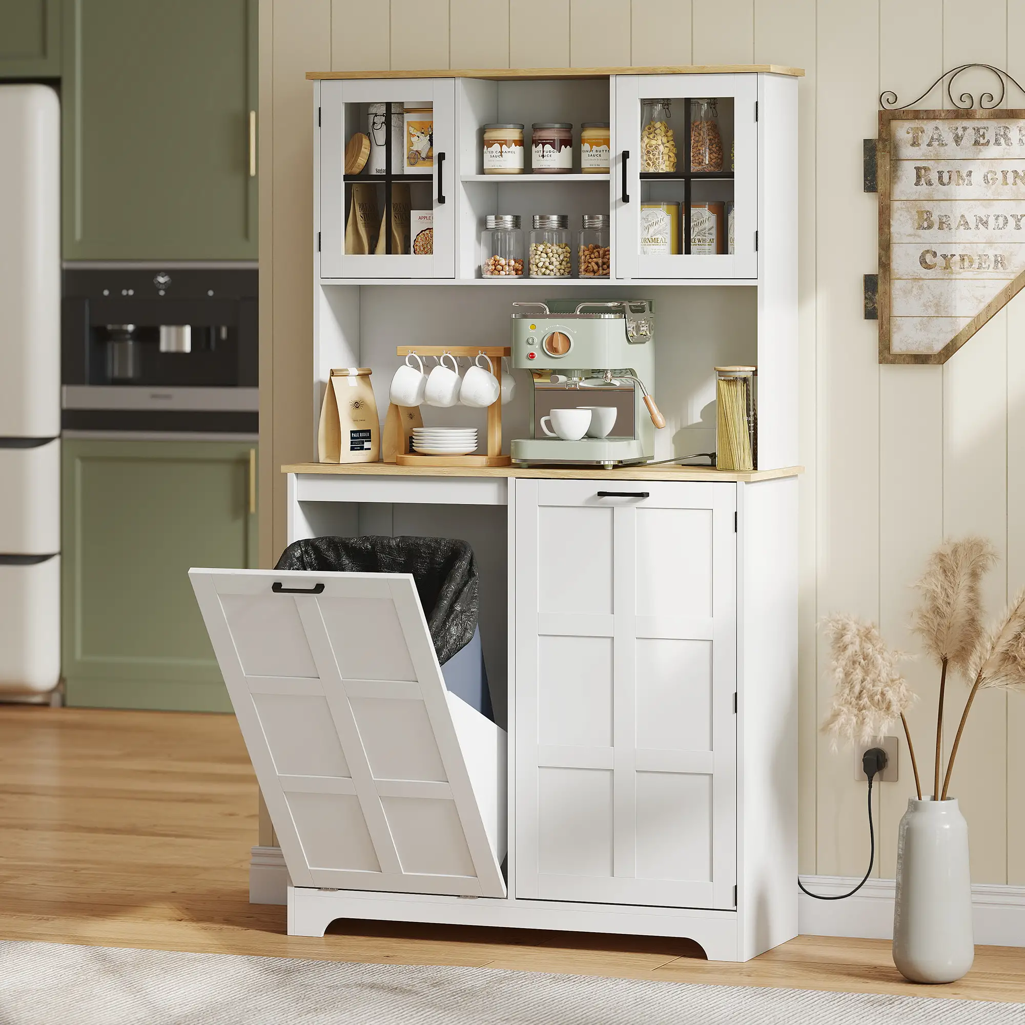 Kitchen Pantry Cabinet, 7 Gallon Trash Can, Adjustable Shelves, White - Image 2