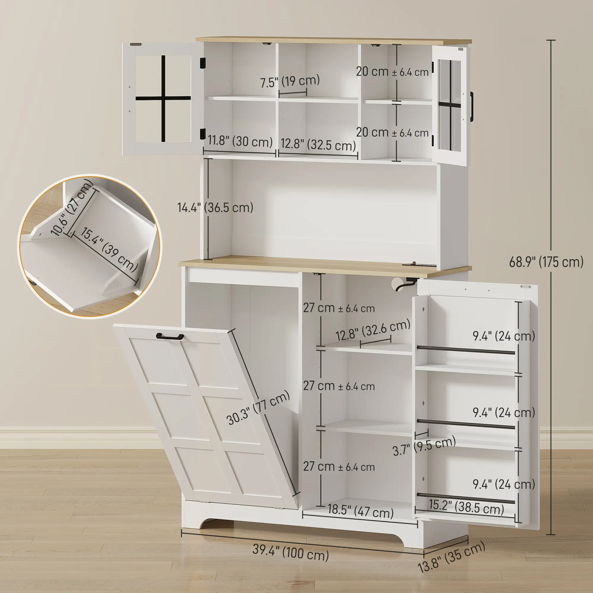 Kitchen Pantry Cabinet, 7 Gallon Trash Can, Adjustable Shelves, White - Image 3