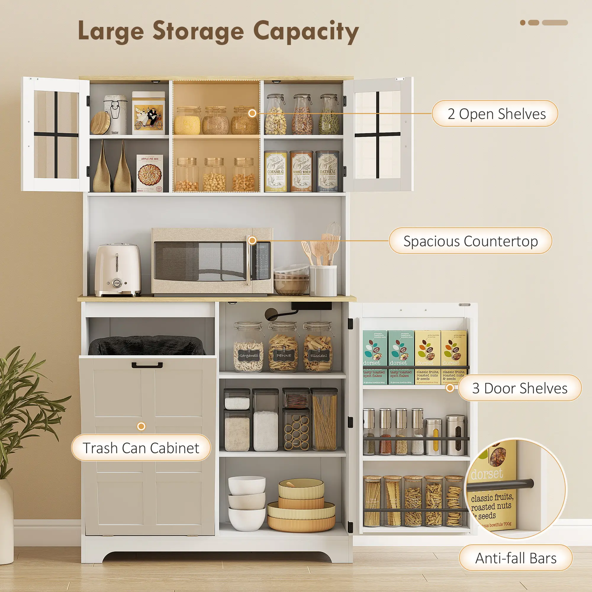 Kitchen Pantry Cabinet, 7 Gallon Trash Can, Adjustable Shelves, White - Image 5